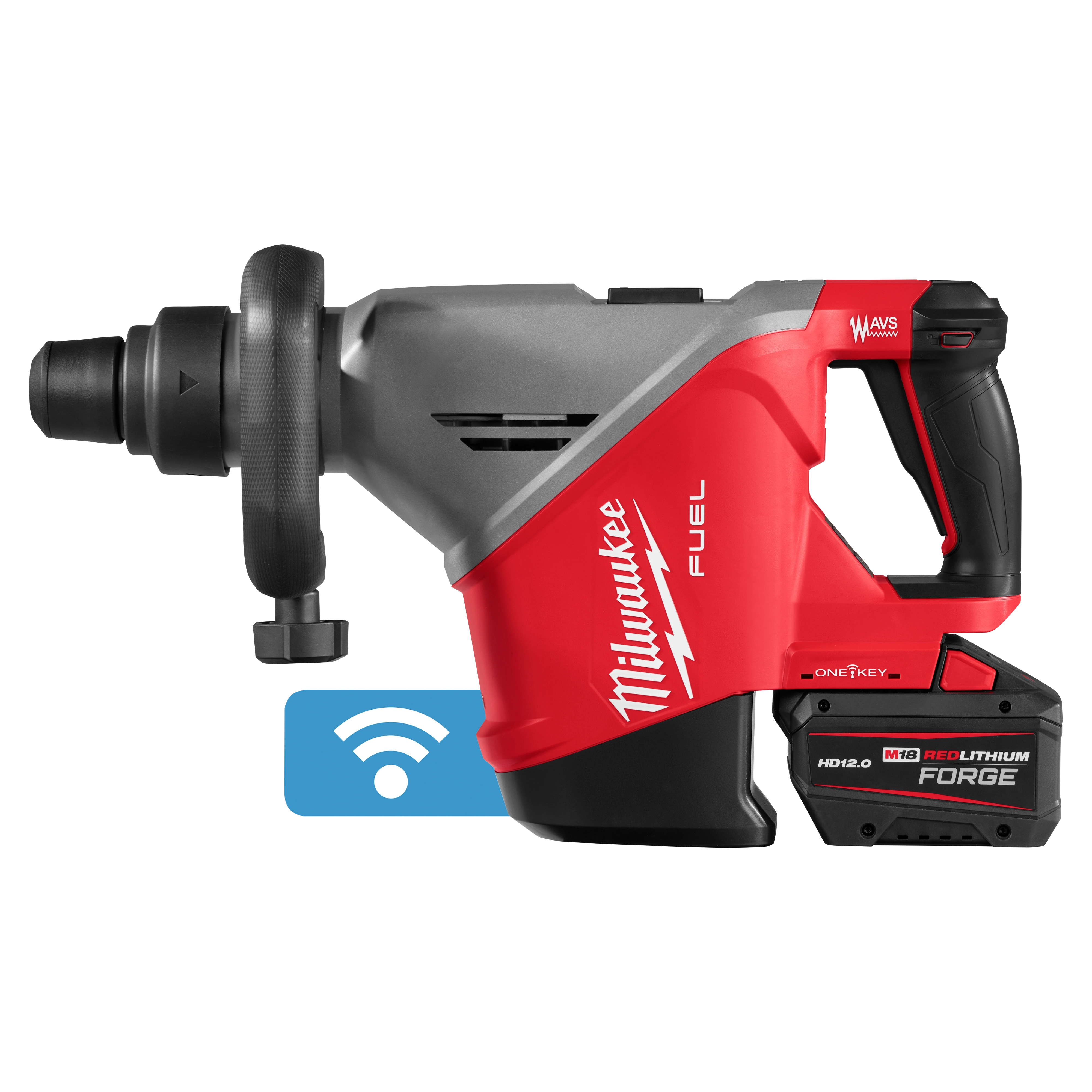 Milwaukee M18 FUEL 18lb SDS MAX Demolition Hammer Kit featuring a red and black design, battery attached, and wireless connectivity.