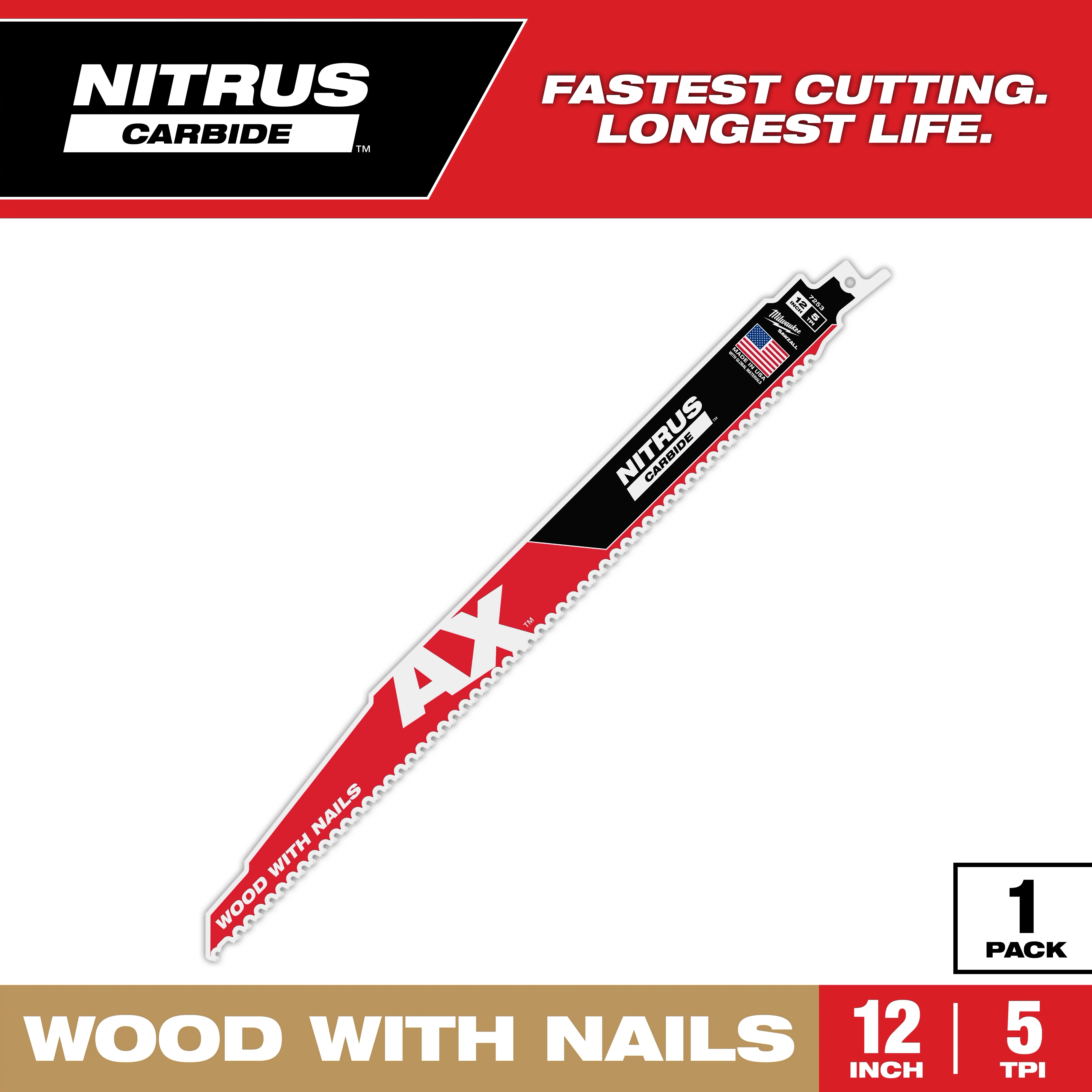 Nitrus Carbide 12" 5 TPI AX saw blade for wood with nails, featuring carbide teeth for fastest cutting and longest life.