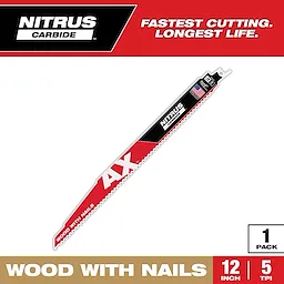 Nitrus Carbide 12" 5 TPI AX saw blade for wood with nails, featuring carbide teeth for fastest cutting and longest life.