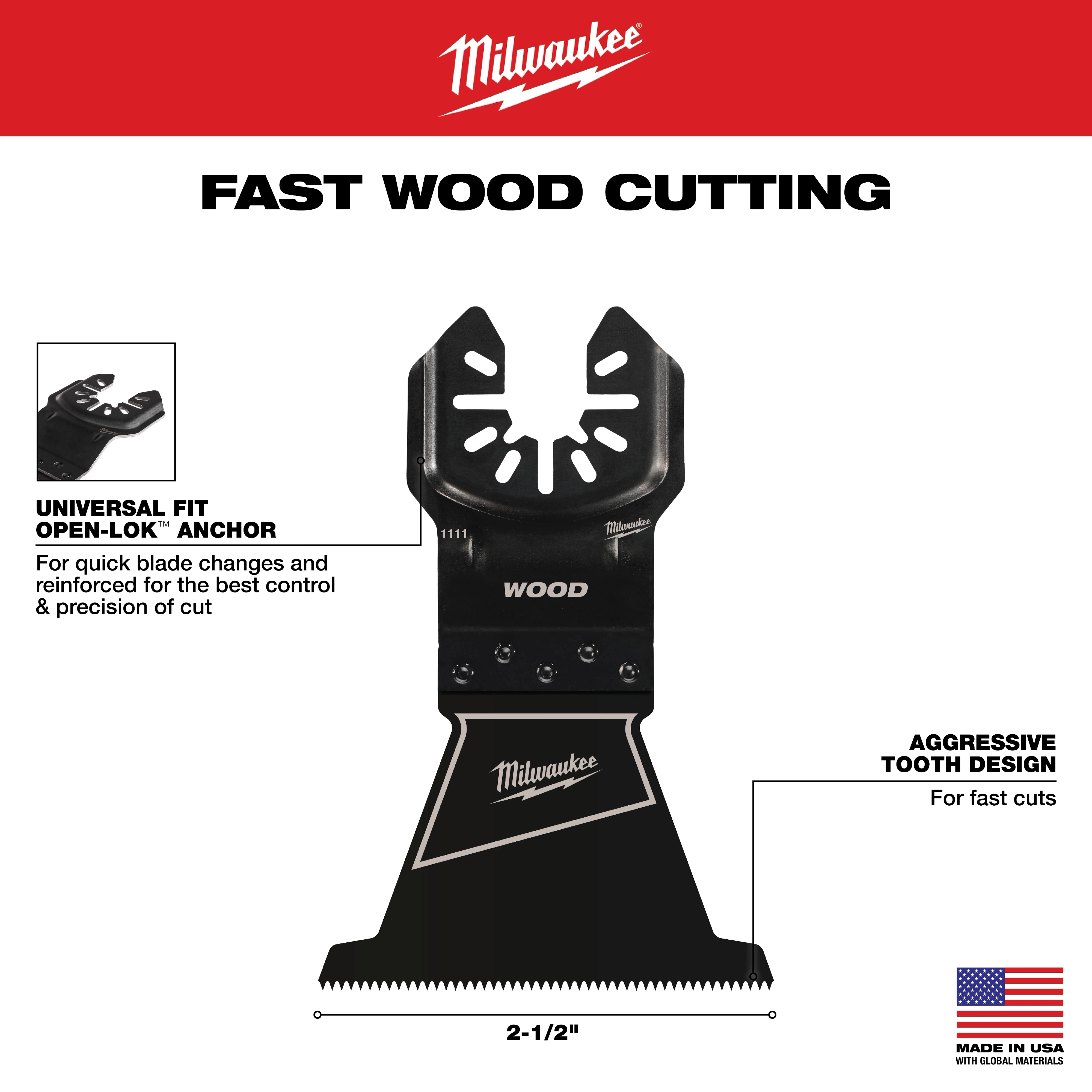 Milwaukee Open-Lok 2-1/2" HCS Wood Multi-Tool Blade, featuring universal fit, aggressive tooth design, and fast wood cutting.