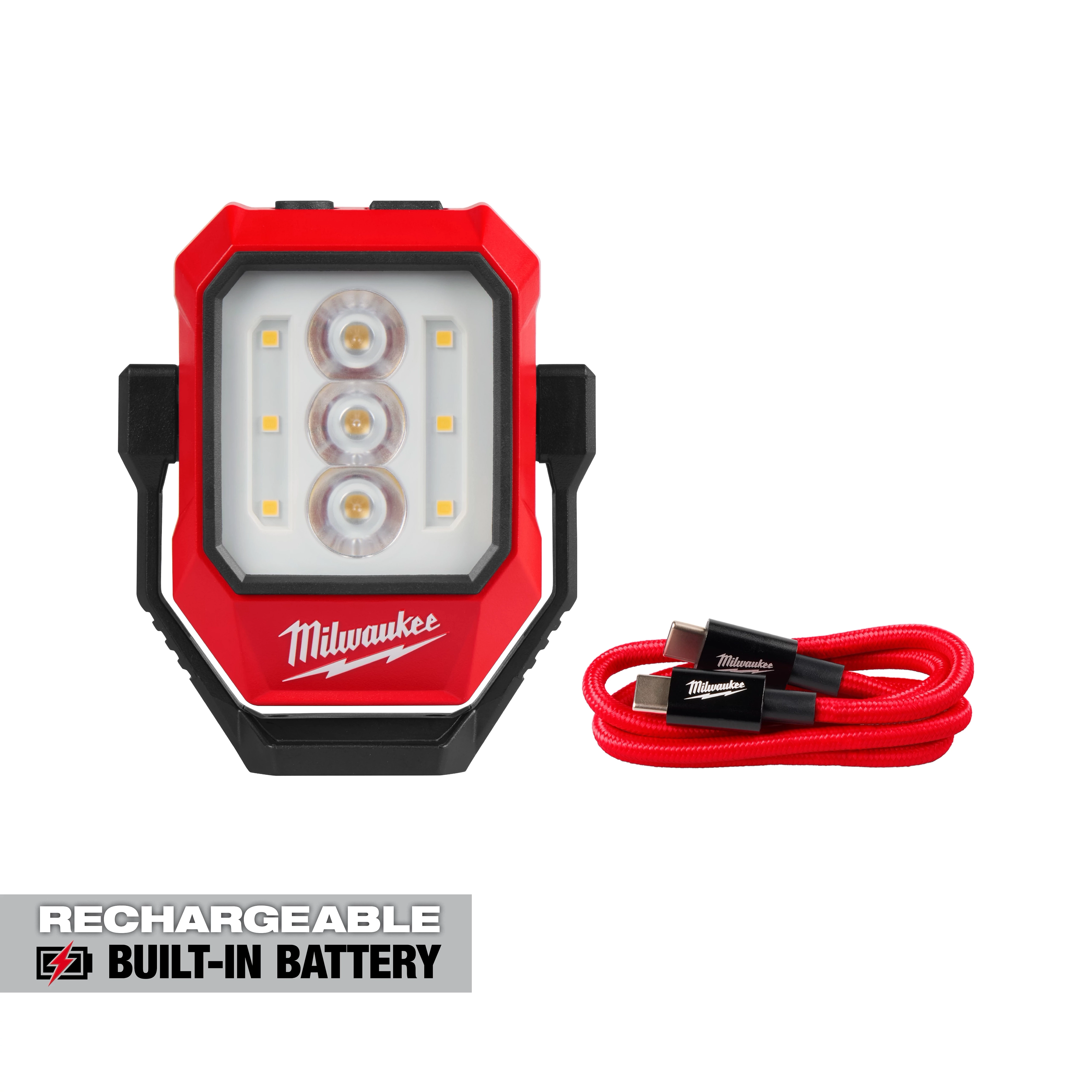 Milwaukee Rechargeable Pivoting Task Light w/ Spot Mode with USB cable and built-in battery label.