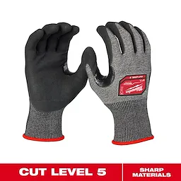 Cut Level 5 High-Dexterity Nitrile Dipped Gloves with black palms and fingers, gray backs, and a red A5 cut level label.