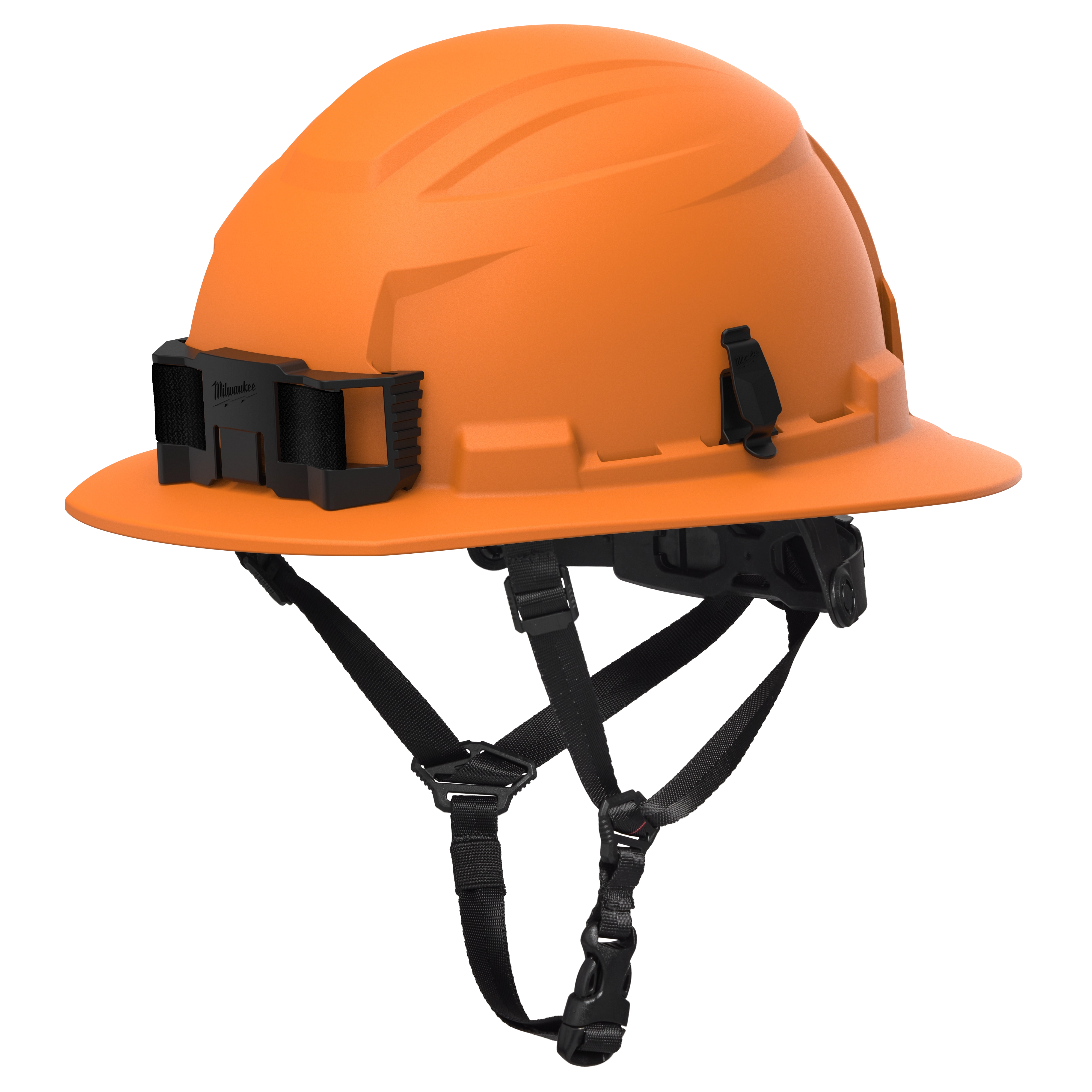 BOLT™ Orange Full Brim Non-Vented Safety Helmet – Type 2, Class E is a bright orange hard hat with a full brim. It features adjustable black straps and is designed for industrial use, conforming to Type 2 and Class E safety standards.