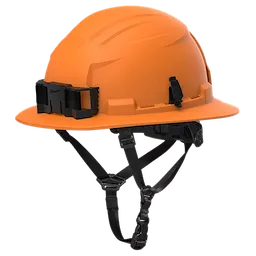 BOLT™ Orange Full Brim Non-Vented Safety Helmet – Type 2, Class E is a bright orange hard hat with a full brim. It features adjustable black straps and is designed for industrial use, conforming to Type 2 and Class E safety standards.