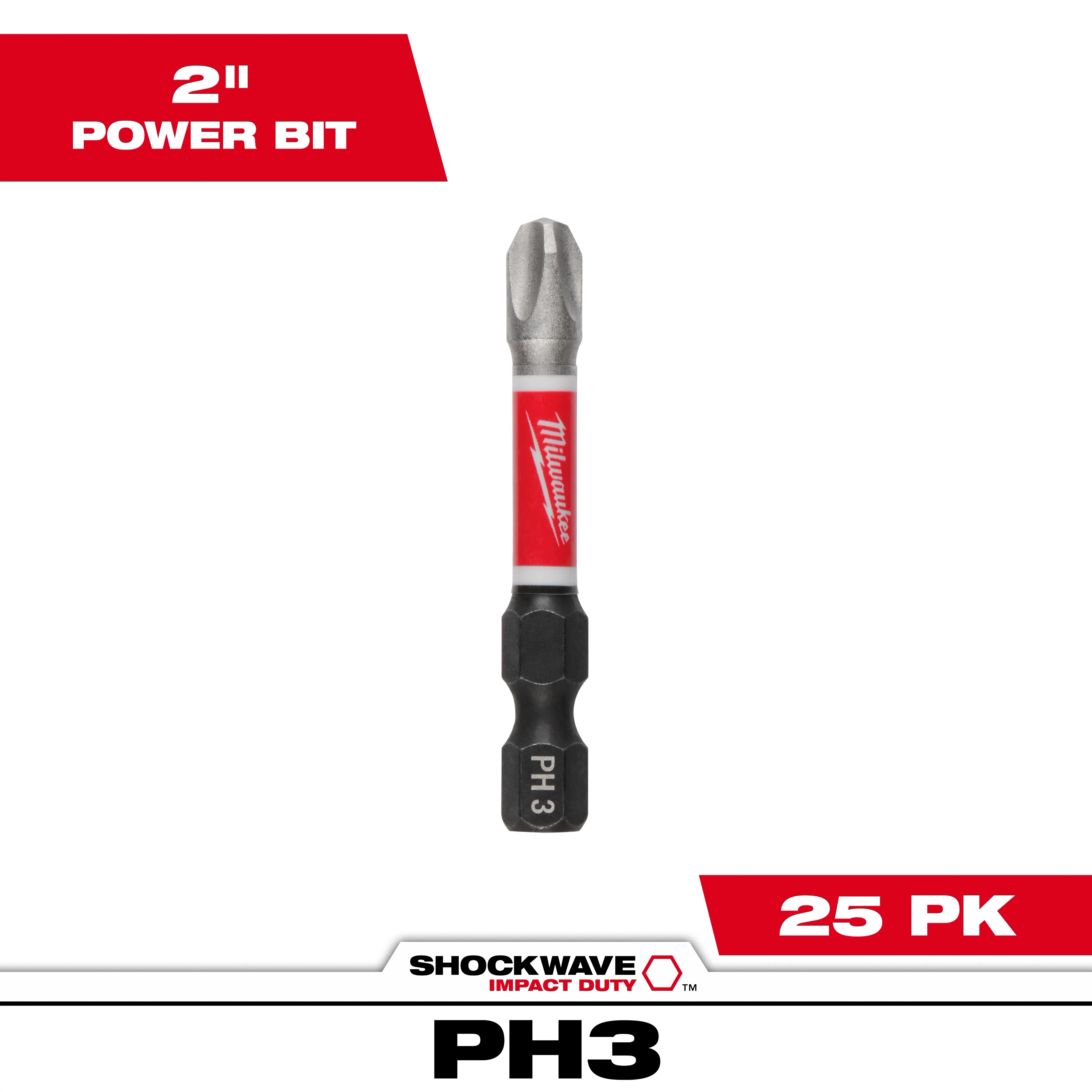 Image of SHOCKWAVE™ 2" Impact Duty Phillips #3 Power Bits (25 PK). The power bit is metallic with a red band featuring the Milwaukee logo. Text on the image indicates "2" Power Bit" at the top left and "25 PK" at the bottom right.