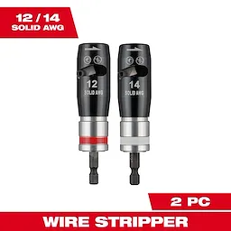 The 2PC Solid Wire Stripper Set includes two black wire strippers marked for 12 AWG and 14 AWG solid wires. Both have metallic openings and hexagonal shafts at the bottom. Red and white bands differentiate the two strippers. Packaging highlights "12/14 SOLID AWG" and "2 PC."