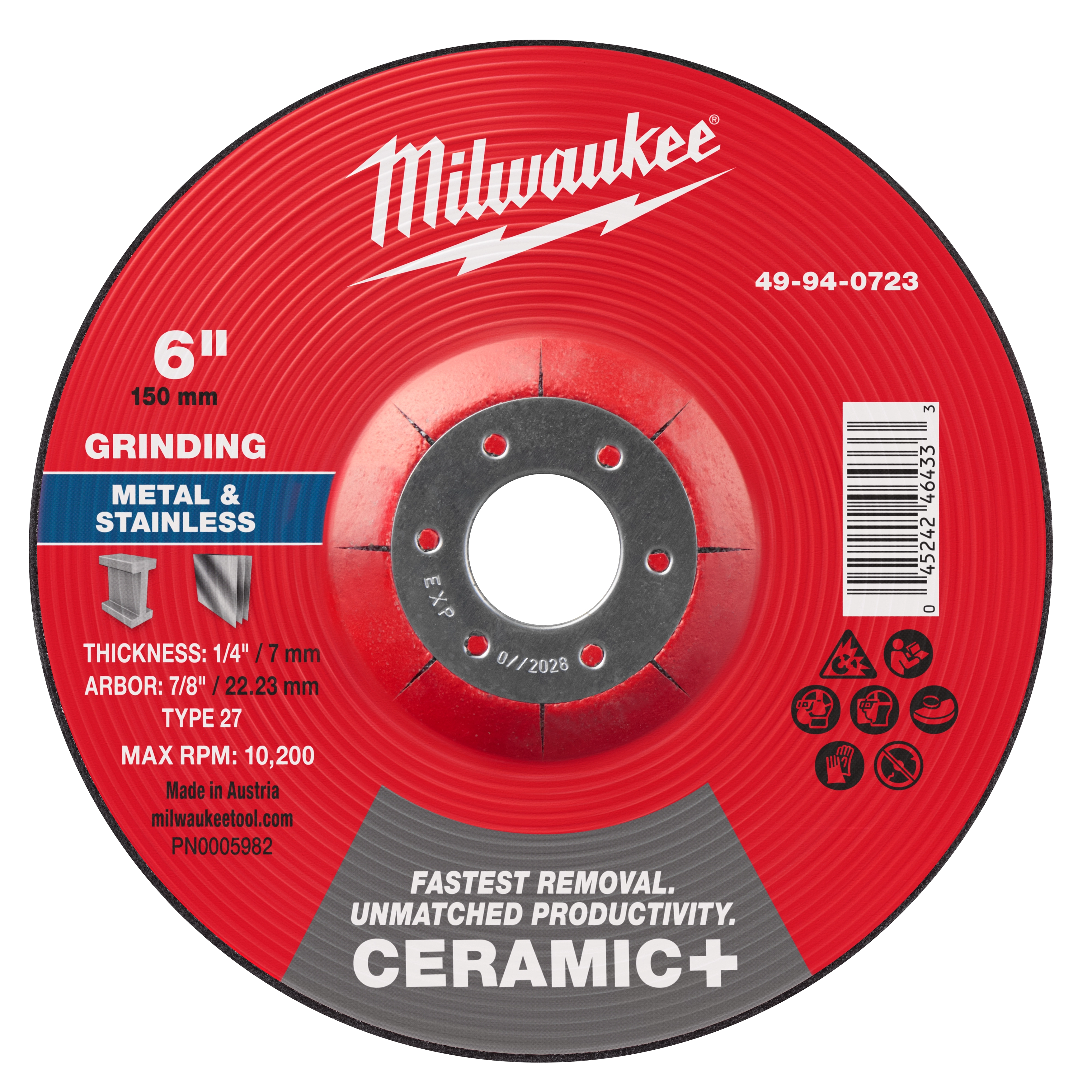 6" x 1/4" x 7/8" Ceramic+ Metal Grinding Wheel Type 27 for metal and stainless steel. Red with technical details and barcode.