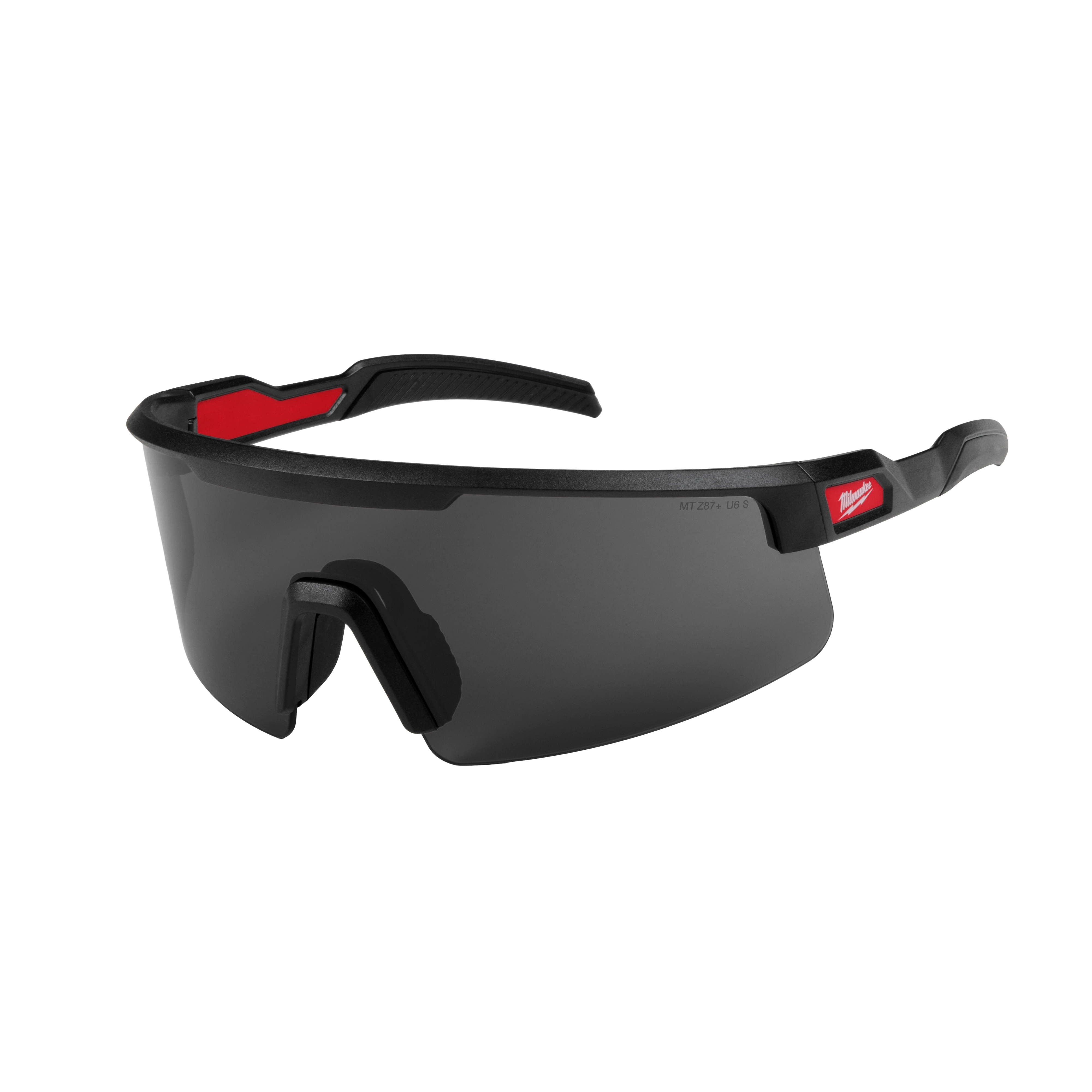 Wrap Around Safety Glasses with Tinted Anti-Scratch Lenses feature a sleek black frame and red accents. The glasses provide full eye coverage, with a sturdy design suited for protection in various work environments. They are designed to be both durable and comfortable for extended wear.