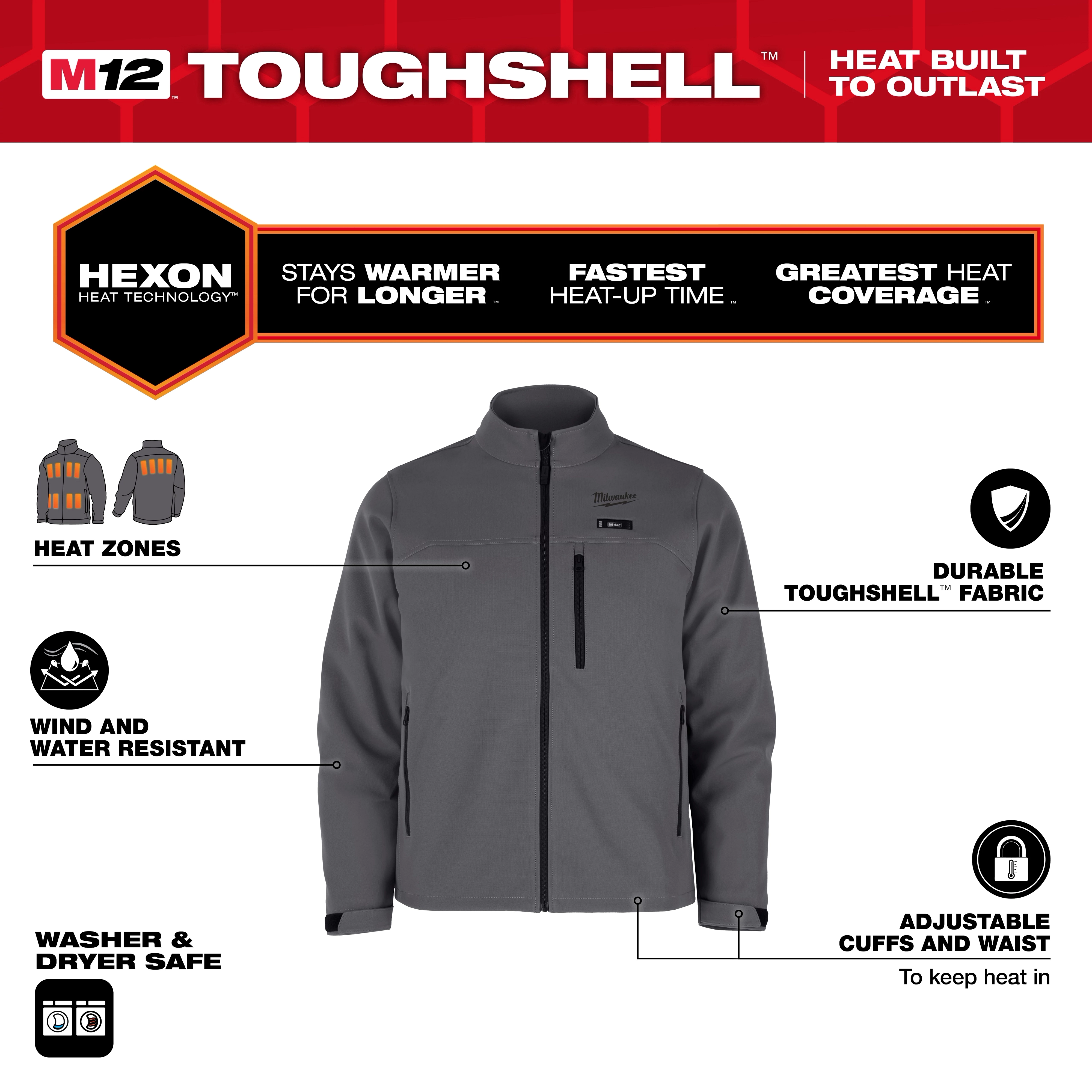 M12 Heated TOUGHSHELL Jacket features Hexon heat technology, durable fabric, wind and water resistance, and adjustable cuffs and waist.
