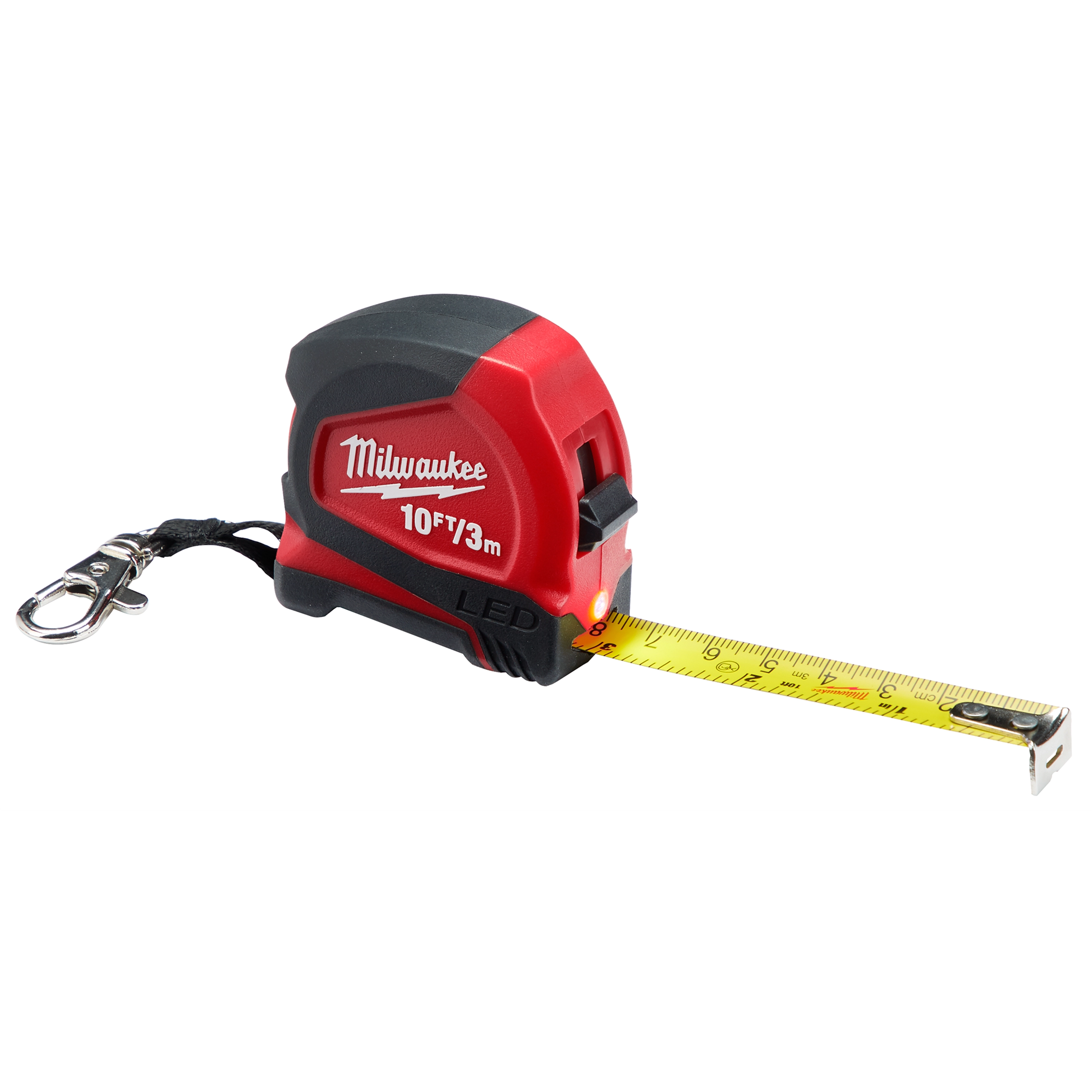 Red and black 10ft/3m Keychain Tape Measure with LED, featuring a yellow, extended tape, a keychain clip, and an LED light.