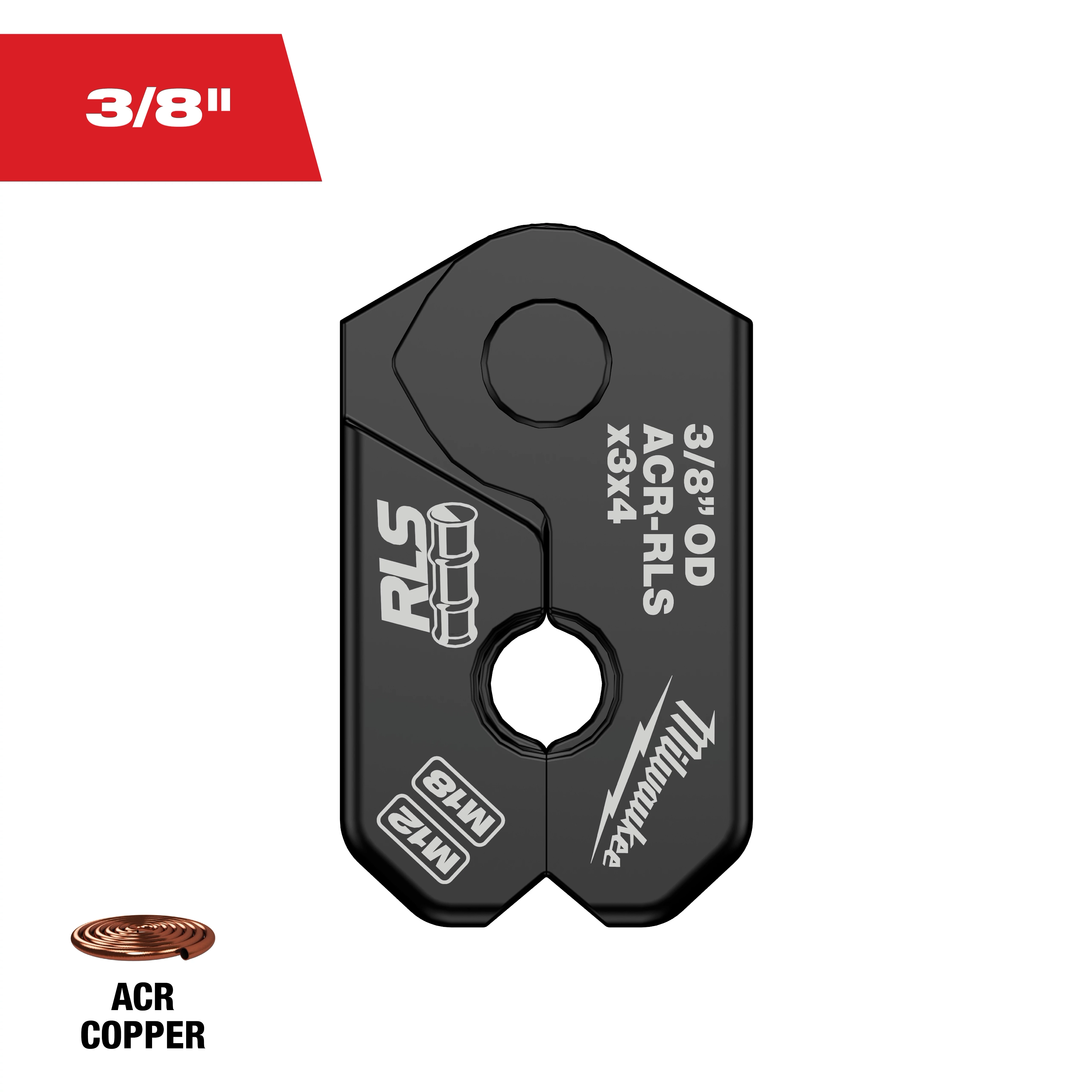The image displays a black 3/8" RLS® Pivoting Press Ring designed for ACR copper tubing. It features labeled markings, including "3/8" OD," "AGR-RLS X3X4," and "M12," with an illustration of a pipe connection. A red and white banner in the top left corner indicates the 3/8" size.