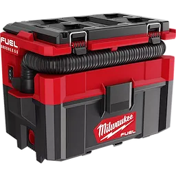 Milwaukee M18 FUEL PACKOUT 2.5 Gallon Wet/Dry Vacuum in red and black, with flexible hose stored on top, secured by red latches.