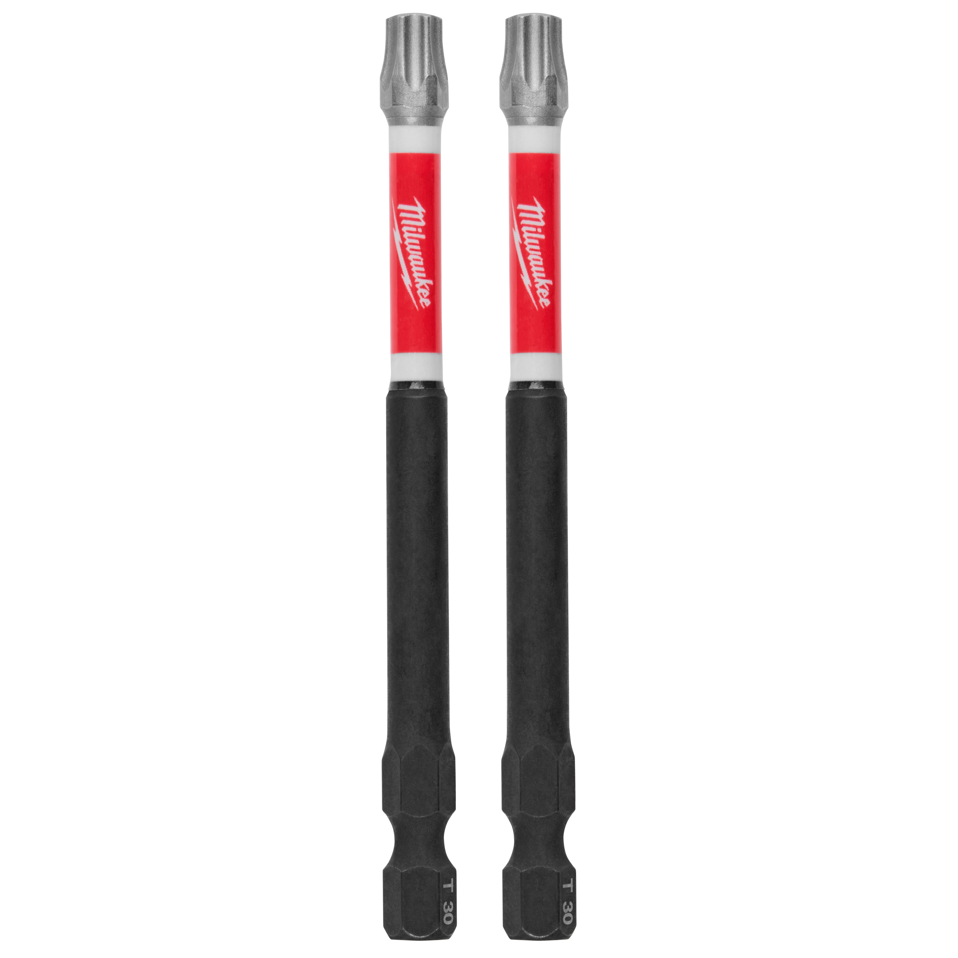 The image shows two Milwaukee brand T30 screwdriver bits with red and white logos on the shanks. Both bits have black, hexagonal shafts and silver tips designed for use with Torx screws. The label with the T30 marking is visible on the lower part of each bit.
