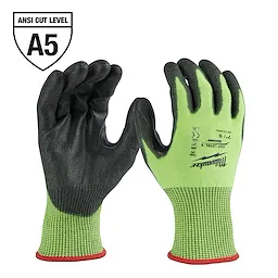 Green and black ANSI Cut Level A5 gloves with text "48-73-8950 Primary Image" on the right glove, designed for high cut resistance.