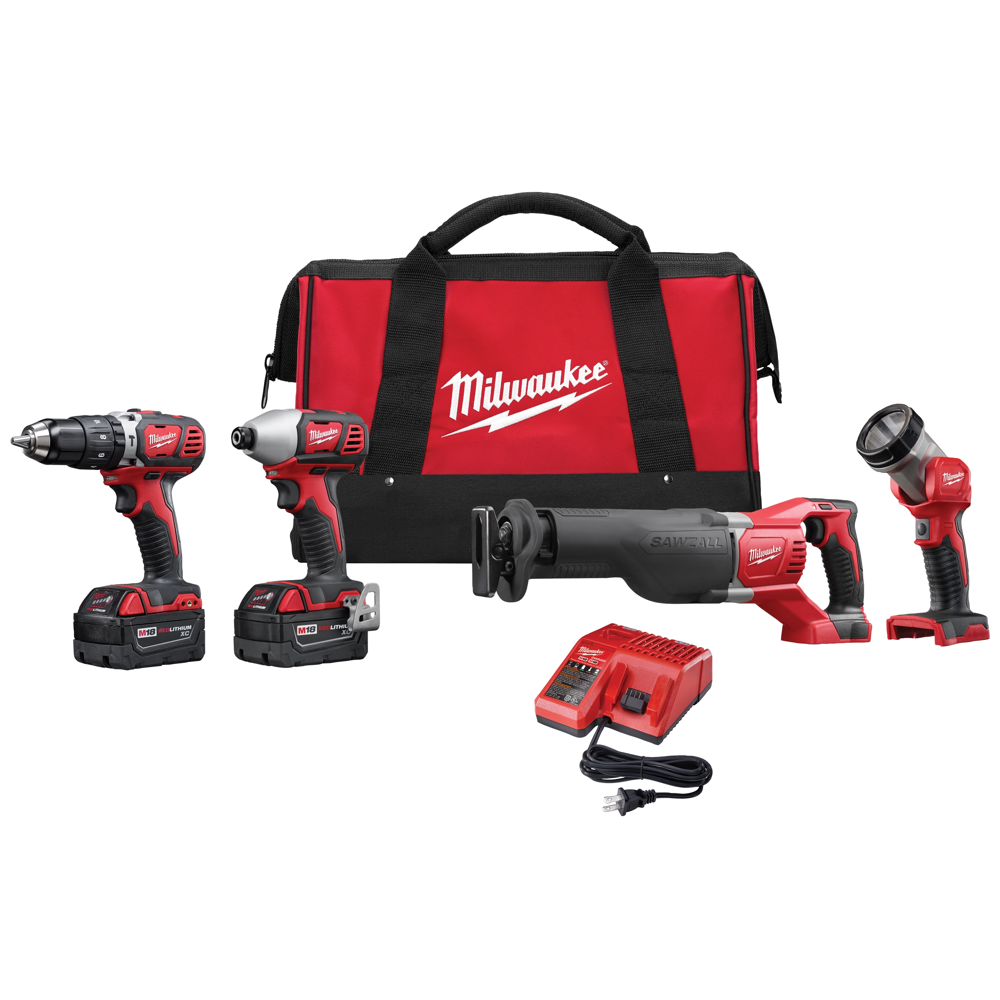 The M18 4 Piece Combo Kit, 2696-24 includes a drill driver, impact driver, reciprocating saw, work light, two batteries, charger, and a red carrying bag. All items feature the Milwaukee logo. The combo kit is designed for power tool efficiency and portability.
