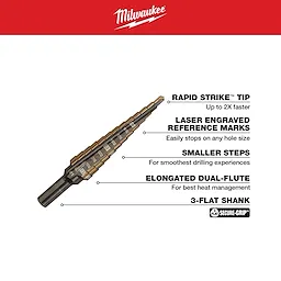 The 1/8 in. - 1/2 in. #1 Cobalt Step Drill Bit (13-Steps) features Rapid Strike tip for faster drilling, laser engraved reference marks, smaller steps for smooth drilling, elongated dual-flute for heat management, and a 3-flat shank for secure grip.