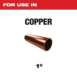 Copper pipe, 1 inch in diameter, shown with a message stating "For use in copper" on a white background with a red top header.