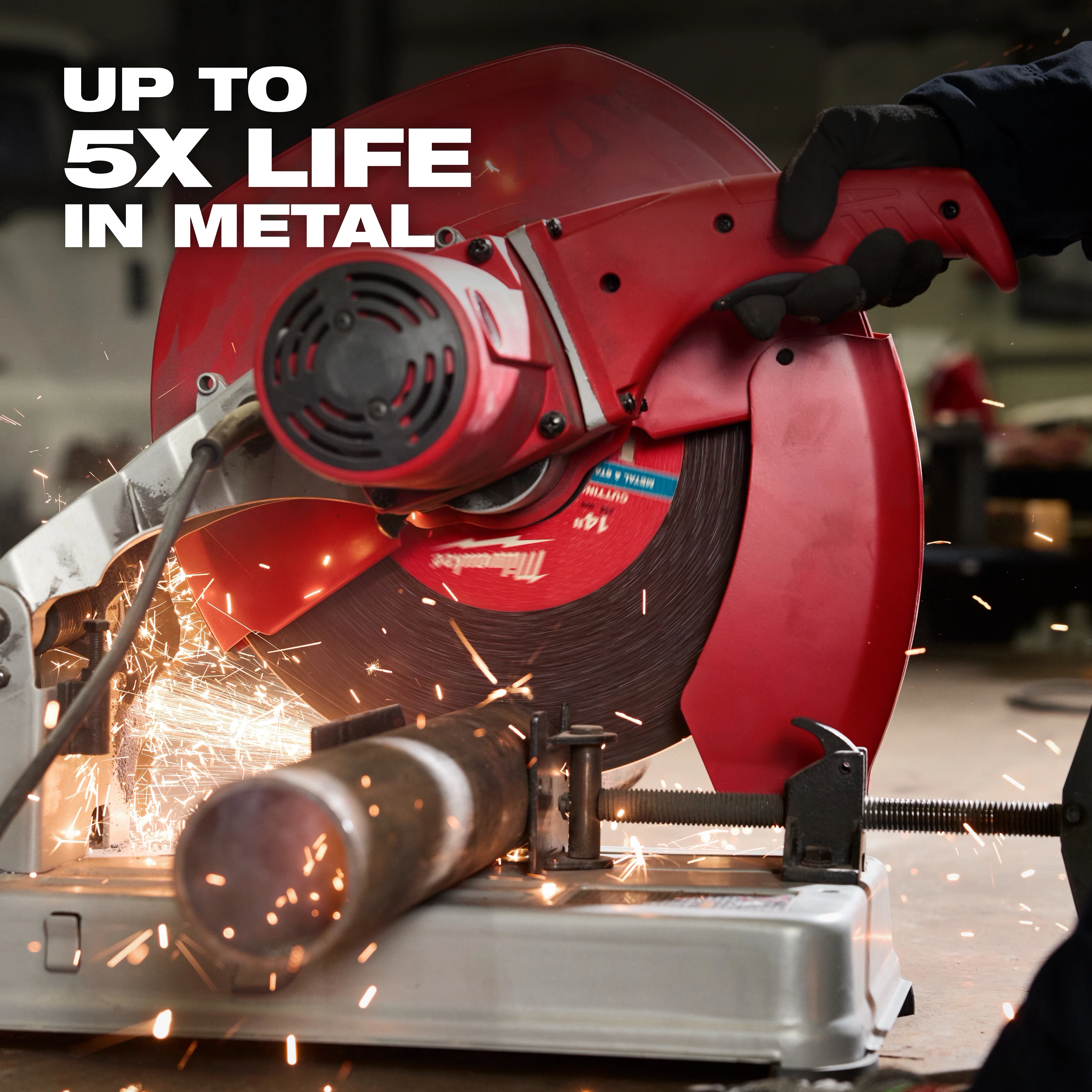Bonded Abrasives Cutting tool in use, slicing through a metal pipe, emitting sparks. Text reads: "UP TO 5X LIFE IN METAL."