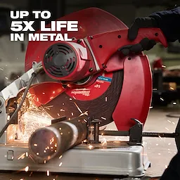 Bonded Abrasives Cutting tool in use, slicing through a metal pipe, emitting sparks. Text reads: "UP TO 5X LIFE IN METAL."