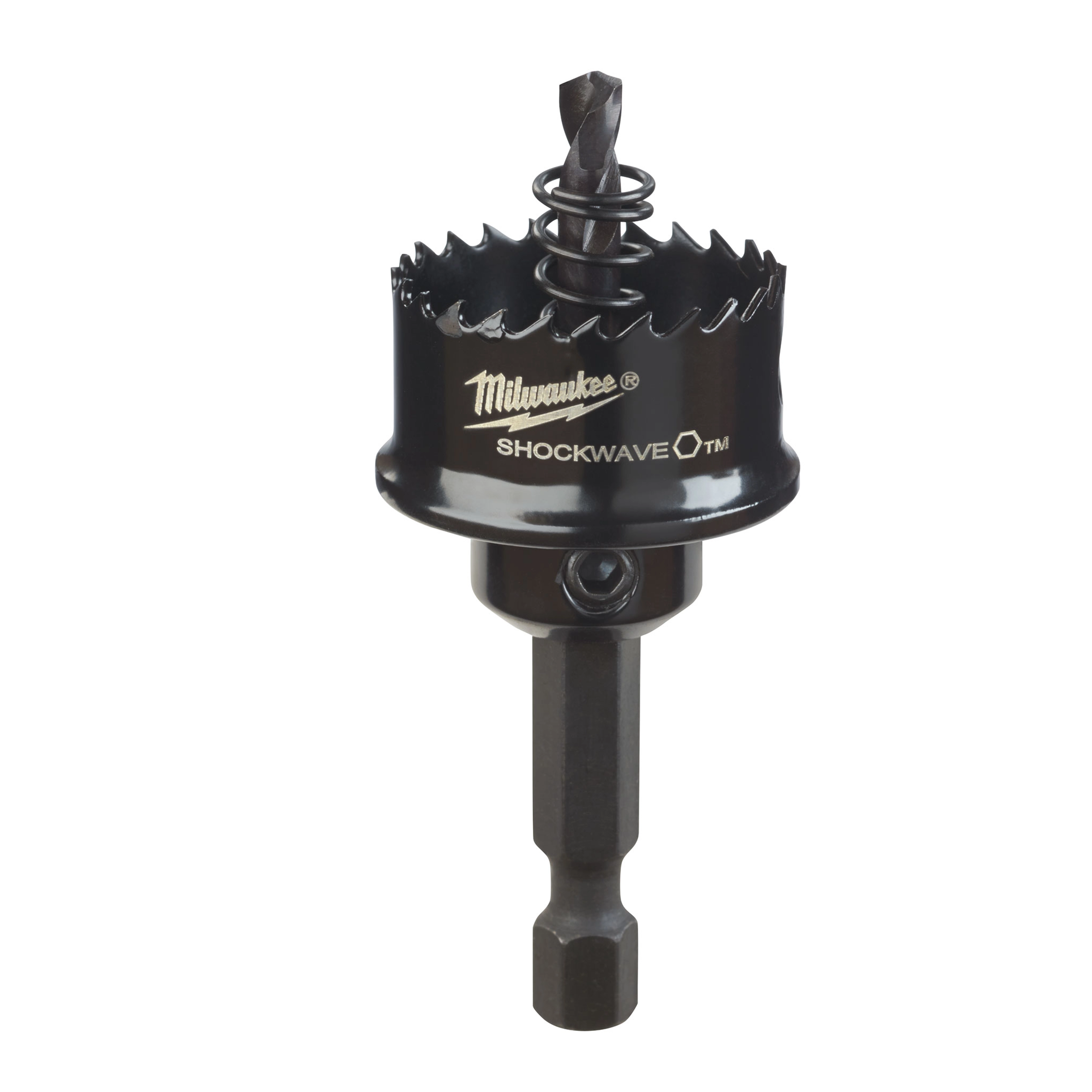 Milwaukee Shockwave hole saw with pilot bit and hex shank against a plain background.