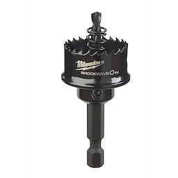 Milwaukee Shockwave hole saw with pilot bit and hex shank against a plain background.