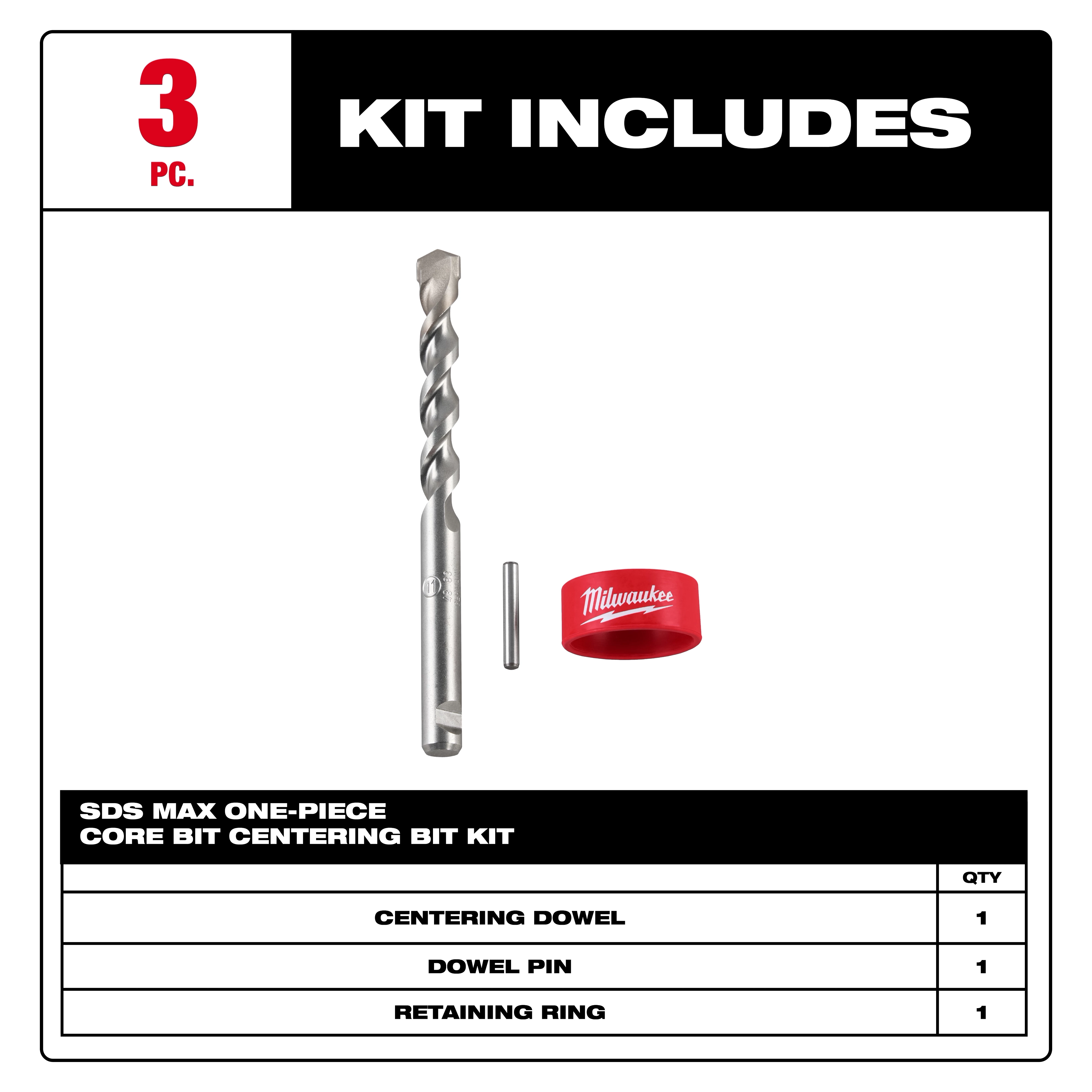 Image showing a 3-piece SDS Max One-Piece Core Bit Centering Bit Kit from Milwaukee. It includes one centering dowel, one dowel pin, and one retaining ring, as indicated in a list at the bottom.