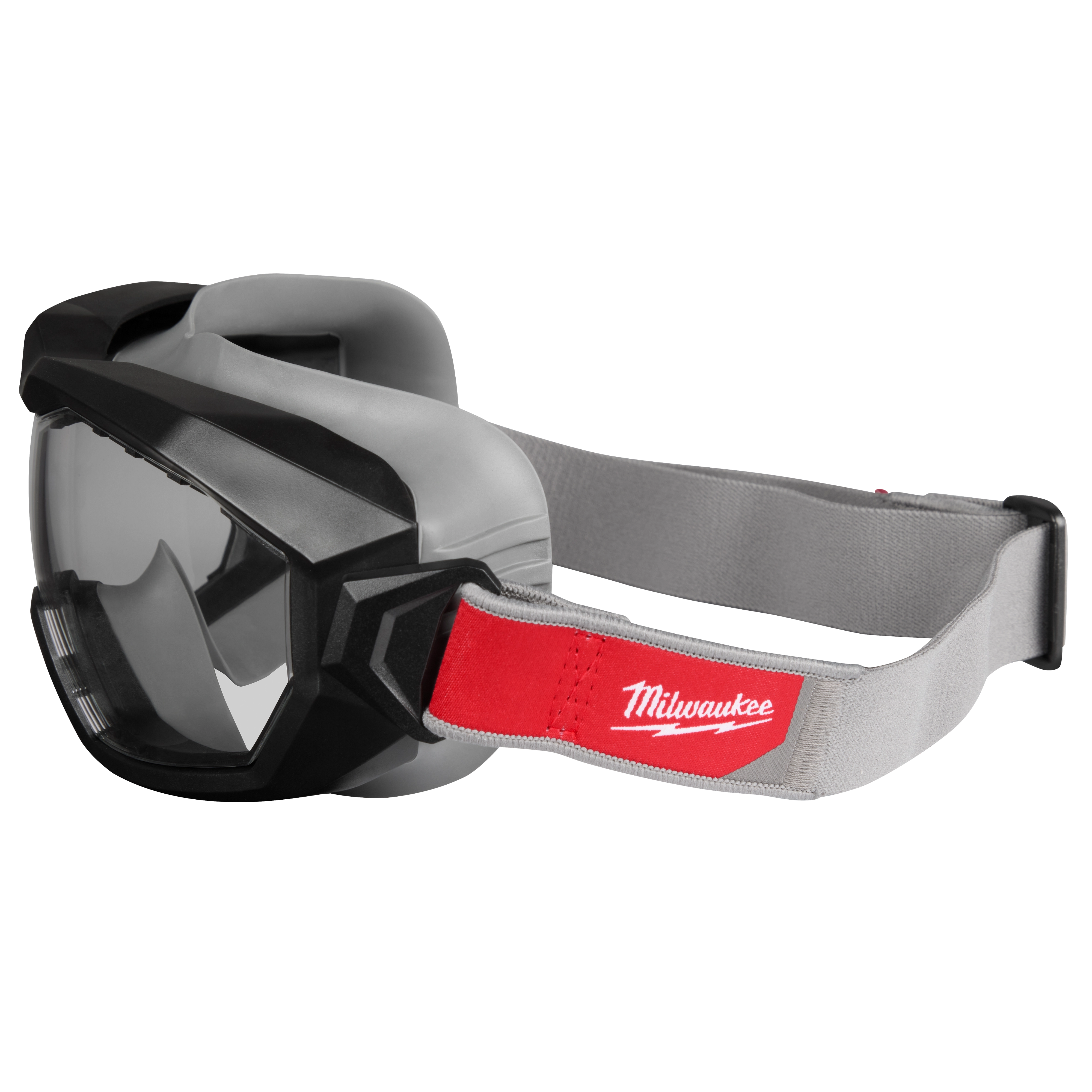 Non-Vented Goggles - Gray Dual Coat Lens with a gray strap and black frame. The strap features a red section with a logo.