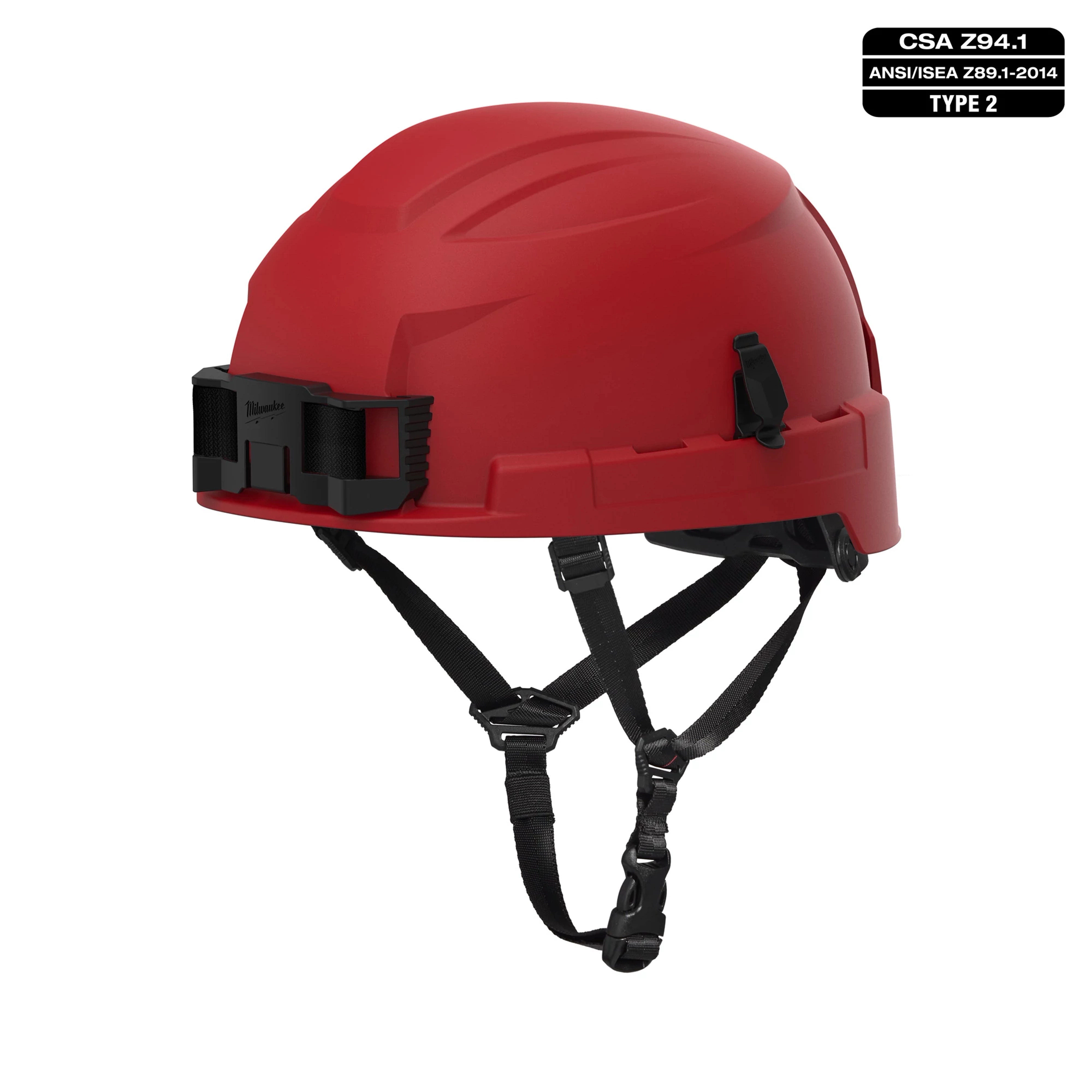 BOLT Red Safety Helmet w/ 4pt Ratcheting Suspension – Type 2, Class E. Features include a black chin strap, logo, and certification markers.