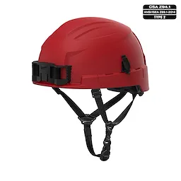 BOLT Red Safety Helmet w/ 4pt Ratcheting Suspension – Type 2, Class E. Features include a black chin strap, logo, and certification markers.