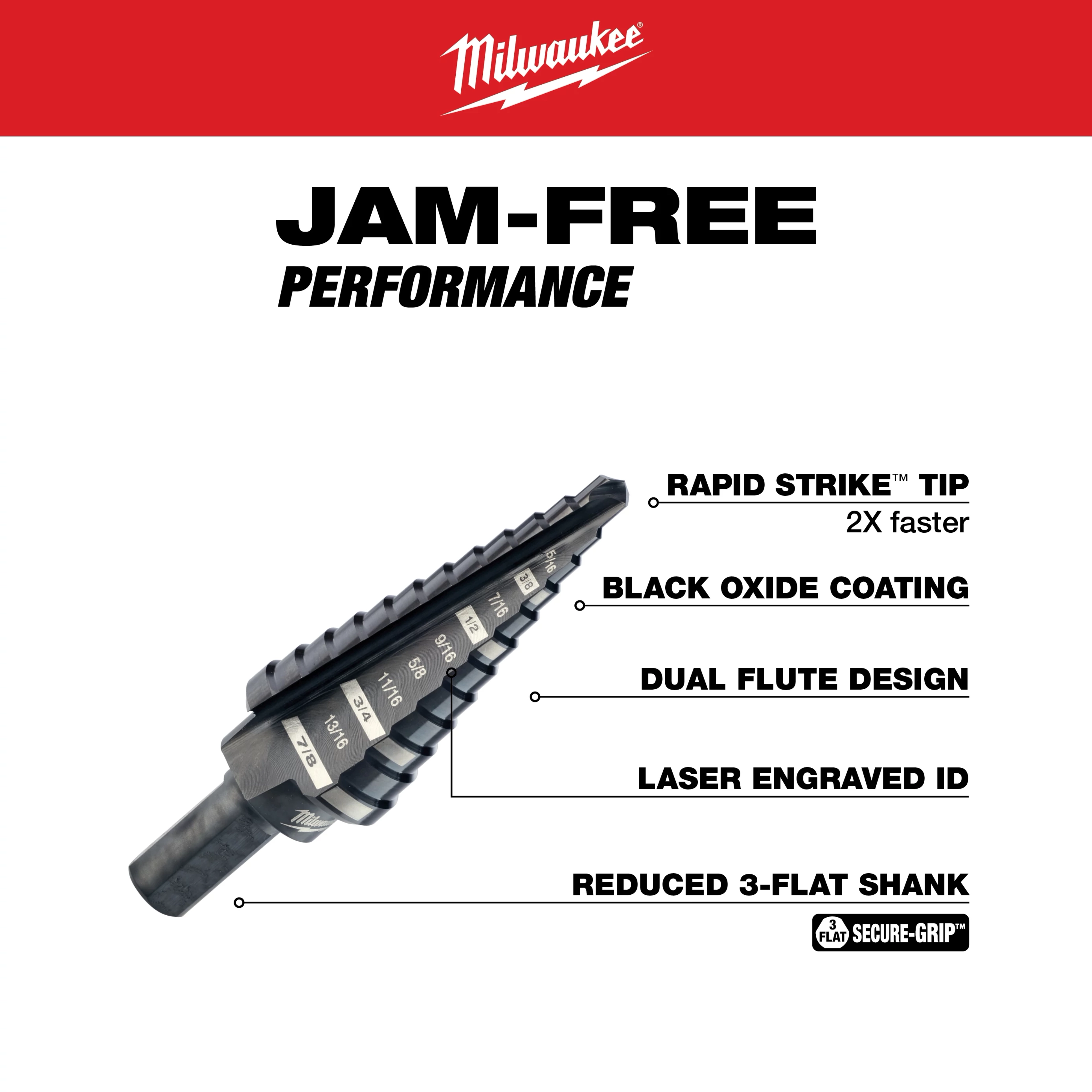 The 3/16 in. - 7/8 in. x 1/16 in. #4 Step Black Oxide Drill Bit features a Rapid Strike tip, black oxide coating, dual flute design, laser-engraved ID, and a reduced 3-flat shank for secure grip and jam-free performance.