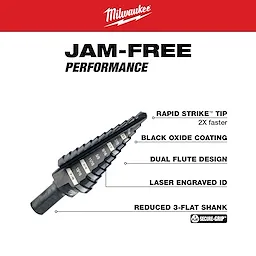 The 3/16 in. - 7/8 in. x 1/16 in. #4 Step Black Oxide Drill Bit features a Rapid Strike tip, black oxide coating, dual flute design, laser-engraved ID, and a reduced 3-flat shank for secure grip and jam-free performance.