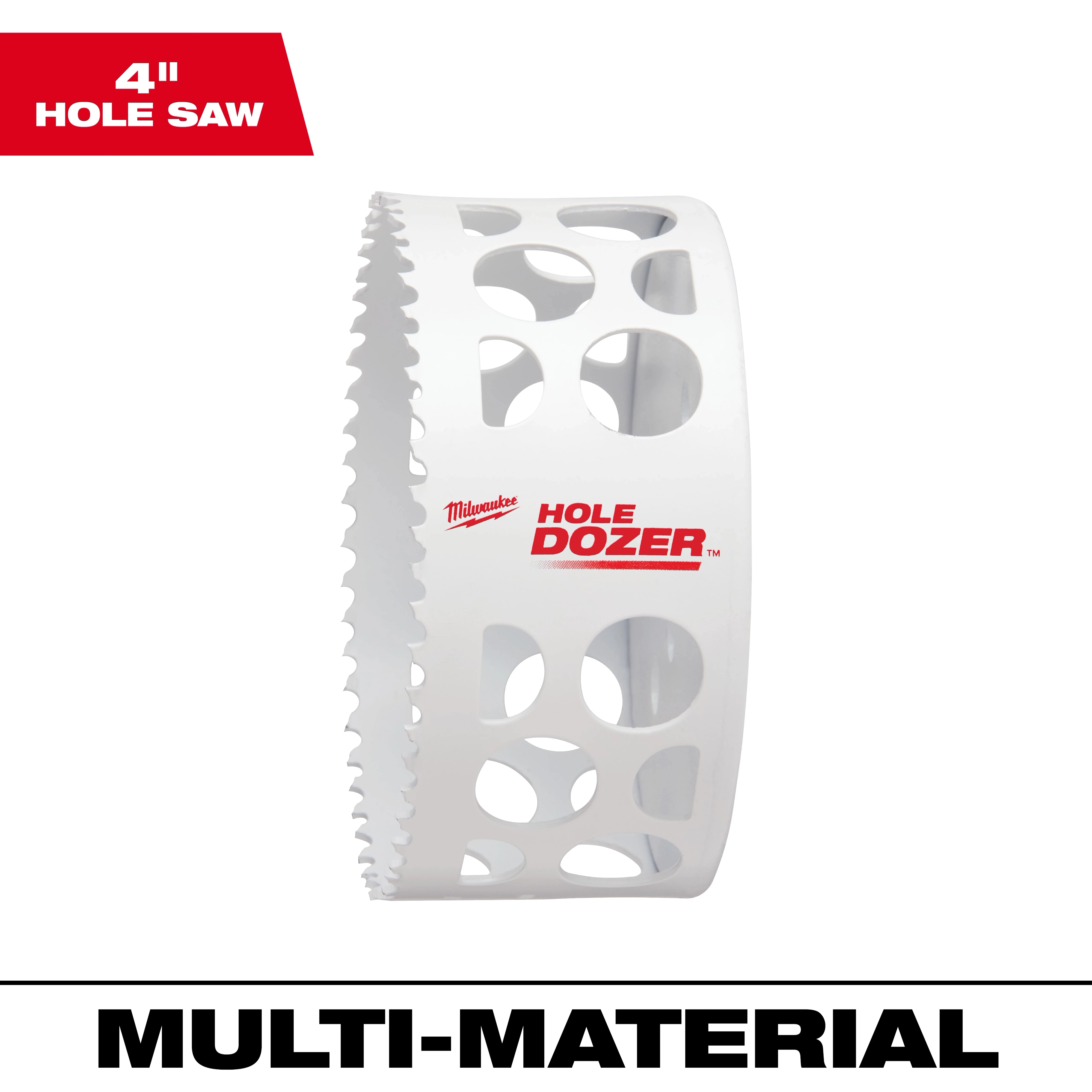 4" Hole Dozer Bi-Metal Hole Saw by Milwaukee, featuring a white body with large ventilation holes and prominent teeth, designed for multi-material use.