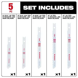 5 Pc U-Shank Bi-Metal Jig Saw Blade Set showing five blades labeled with sizes ranging from 2-3/4" to 4".