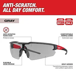 Safety Glasses - Anti-Scratch Lenses (Gray) Walkaround featuring anti-scratch hard coat, flexible nose bridge, and comfortable temple arms.