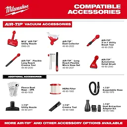 Accessory chart for the M18 FUEL 4 Gallon Wet/Dry Vacuum w/ PACKOUT Compatibility & VACLINK showing various vacuum attachments.