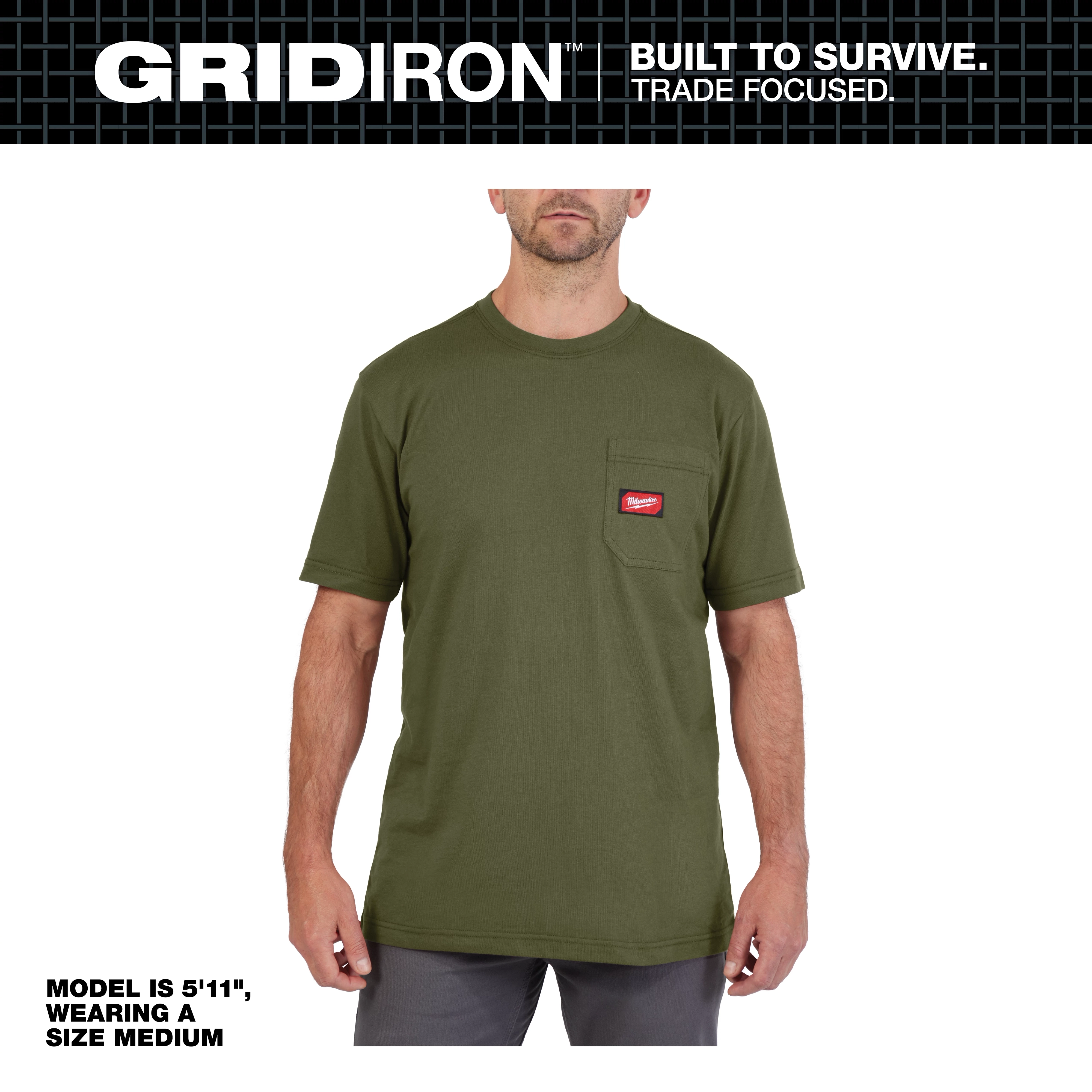 Model wearing a size medium GRIDIRON Pocket T-Shirt - Short Sleeve in olive green, featuring a small chest pocket with a red patch.