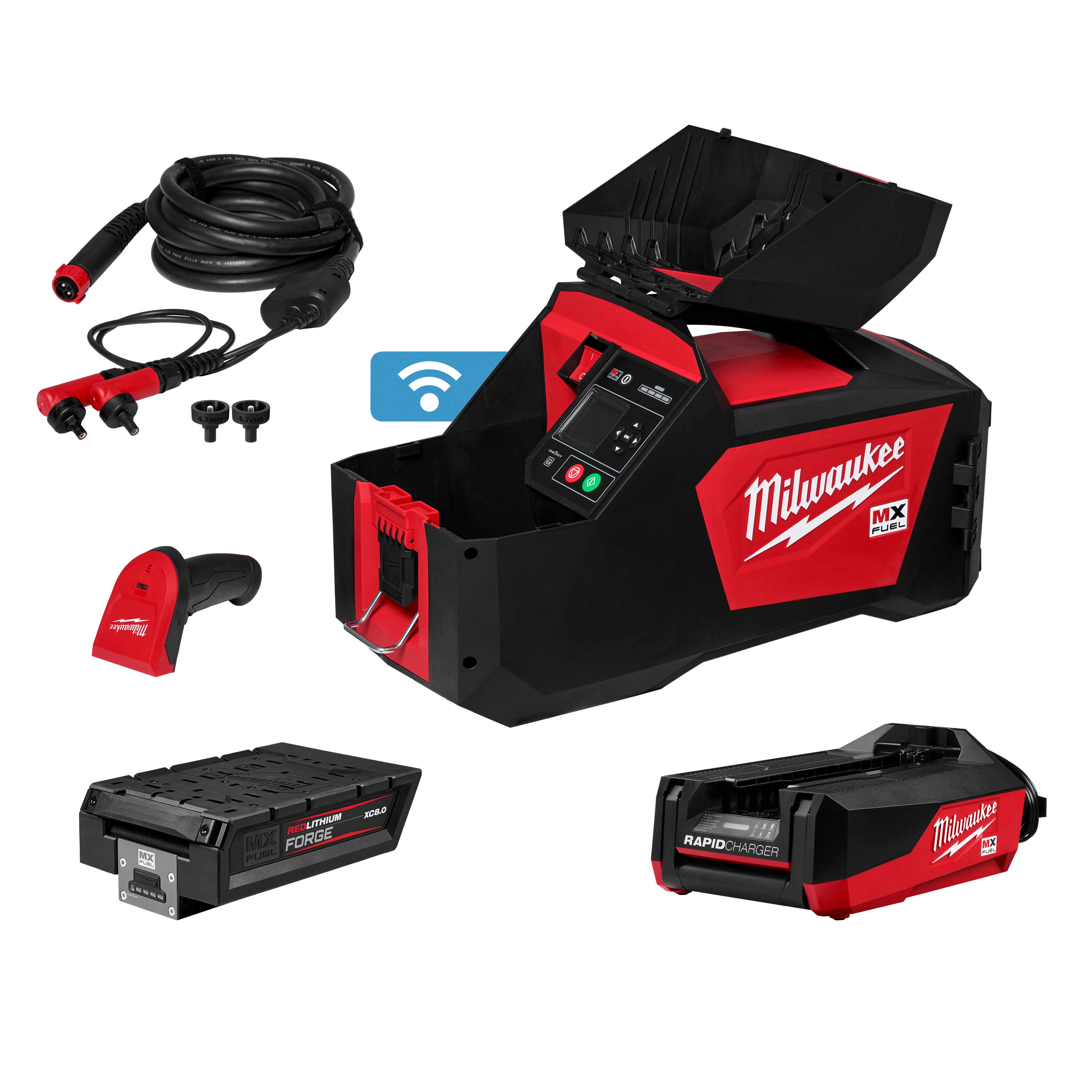 Milwaukee MX FUEL™ Electrofusion Processor with a bold red and black color scheme. Includes cables, connectors, red hand tool, two batteries, and a rapid charger. Device has digital display and control buttons. Wi-Fi symbol indicates connectivity features.