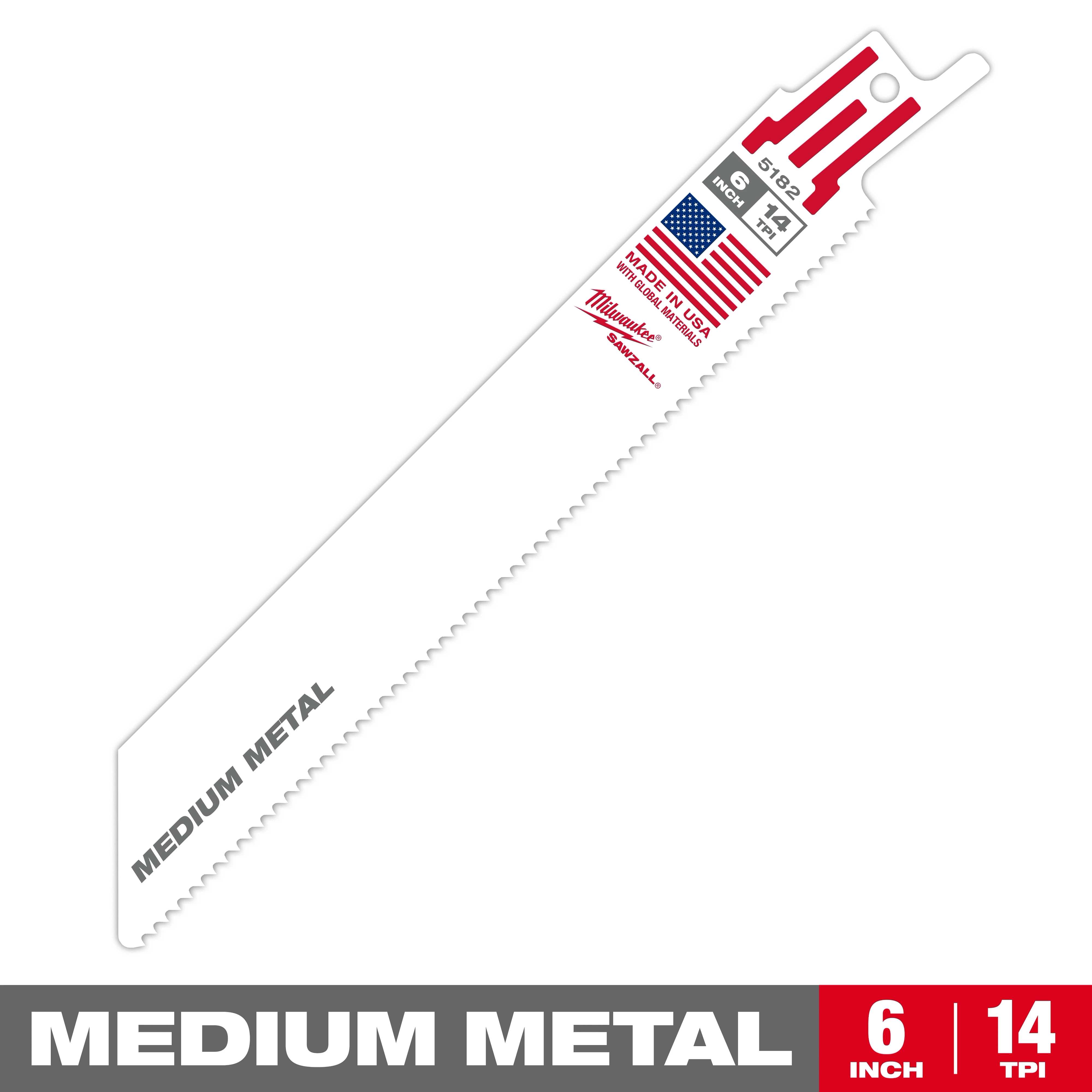 Milwaukee's 6-inch, 14 TPI reciprocating saw blade for medium metal. The white blade features an American flag, product specifications, and "Made in USA" printed near the shank. Blade tip narrows slightly, and "MEDIUM METAL" is displayed in gray lettering. Suitable for cutting medium metal materials.