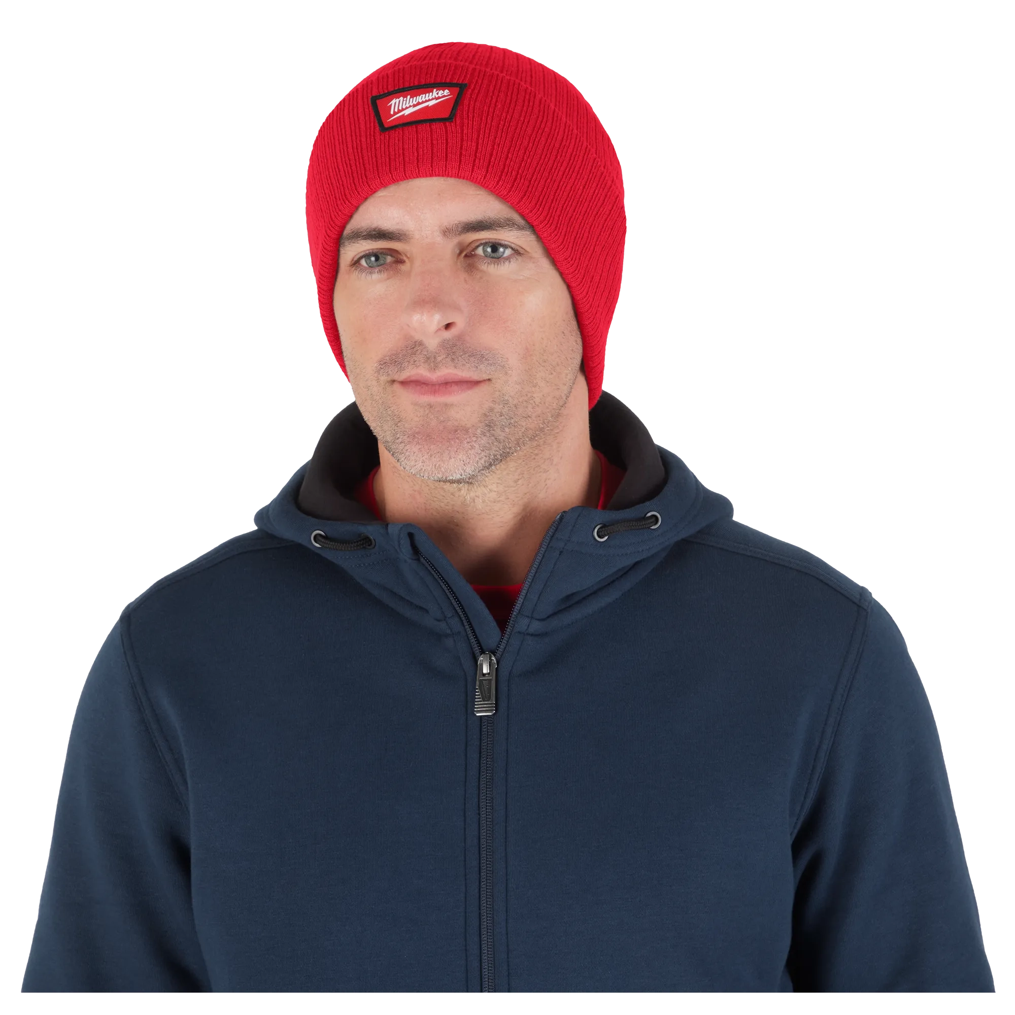 Image of a man wearing the Milwaukee Rib-Knit Cuffed Beanie in red