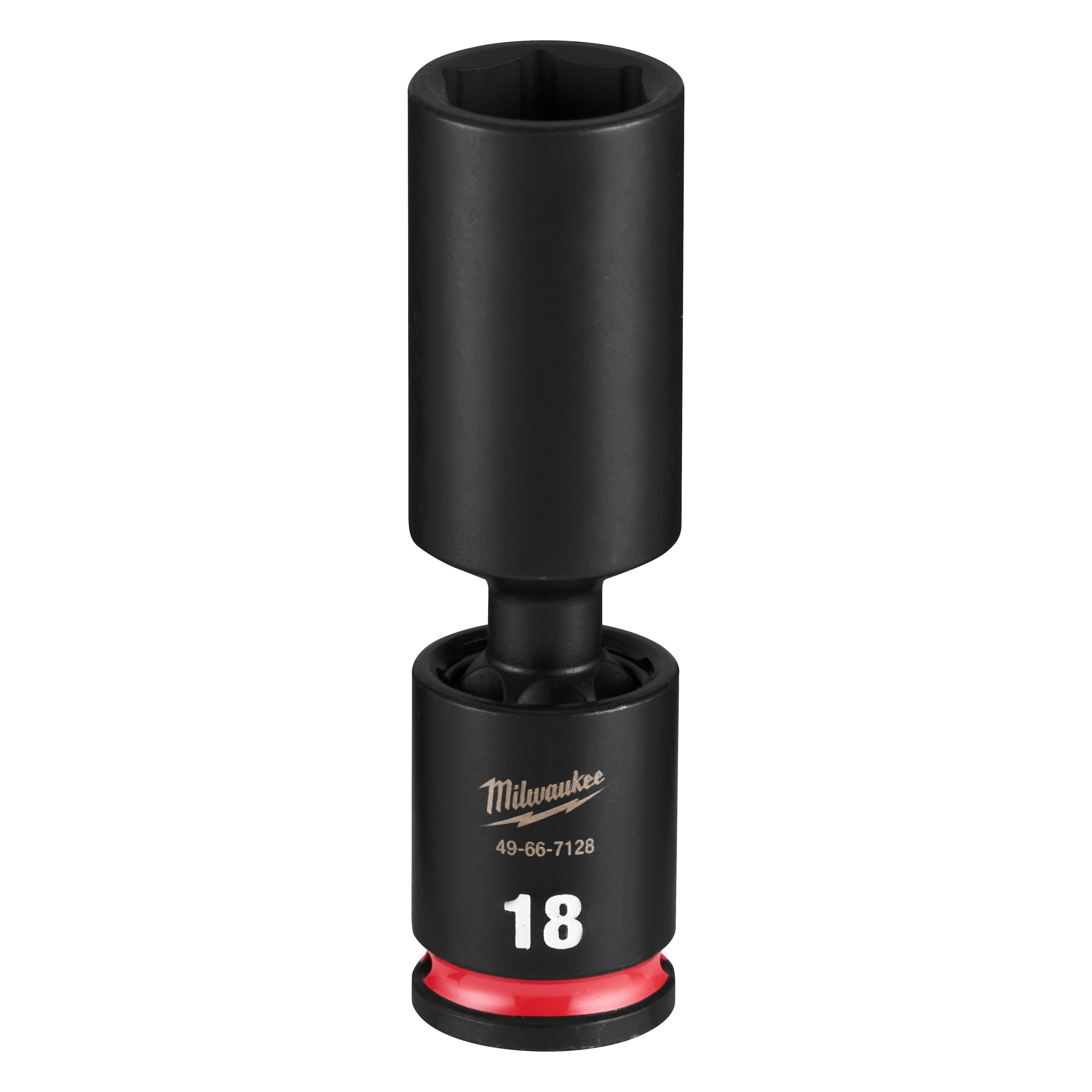 SHOCKWAVE Impact Duty 3/8" Drive 18MM Deep Swivel Socket standing upright on a plain background.