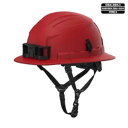 BOLT Red Full Brim Safety Helmet with 4-point Ratcheting Suspension, Type 2 Class E, CSA Z94.1 and ANSI/ISEA Z89.1-2014.