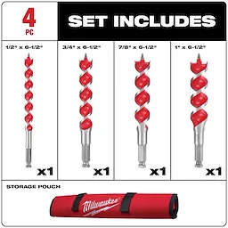 Spur Auger Wood Drilling Bit Set (4-Piece) includes four bits in sizes: 1/2" x 6-1/2", 3/4" x 6-1/2", 7/8" x 6-1/2", and 1" x 6-1/2". Each has a red spiral design and includes a red storage pouch.