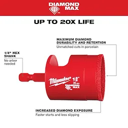 Image of a 1-3/8" DIAMOND MAX™ Hole Saw Bit. The red hole saw bit features a 1/4" hex shank with no arbor needed, maximum diamond durability, and retention for unmatched cuts in porcelain. It also has increased diamond exposure for faster starts and less slipping. Text reads "UP TO 20X LIFE."