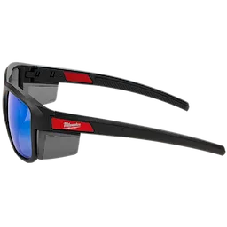 Polarized Full Frame Safety Glasses with Removable Side Shields feature blue mirrored dual coat lenses. The glasses have black frames with red accents and branding on the sides. Removable gray side shields are attached to the frames for added protection.
