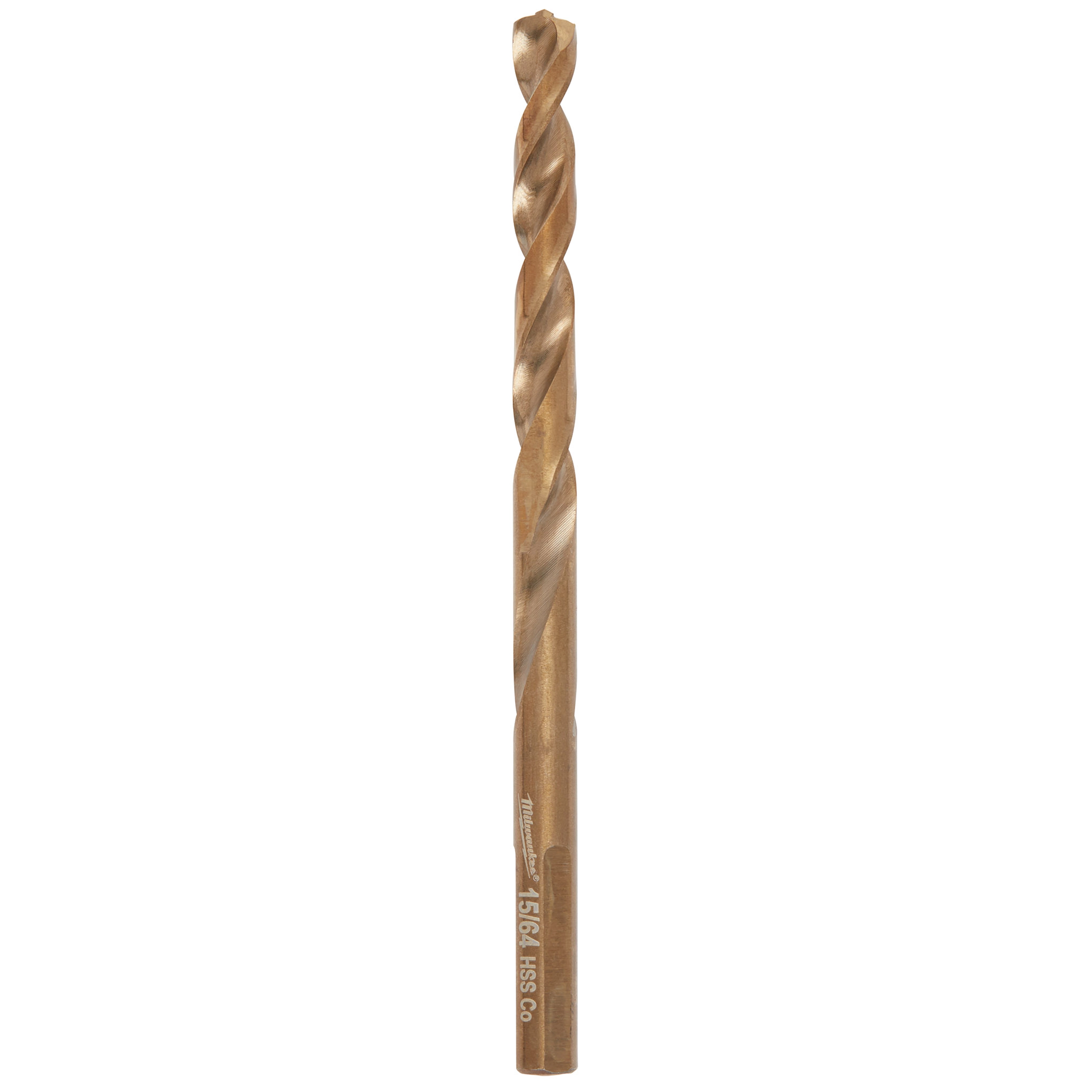 Red Helix Cobalt 15/64-inch drill bit with a bronze finish, featuring a twisted design for enhanced cutting and durability.