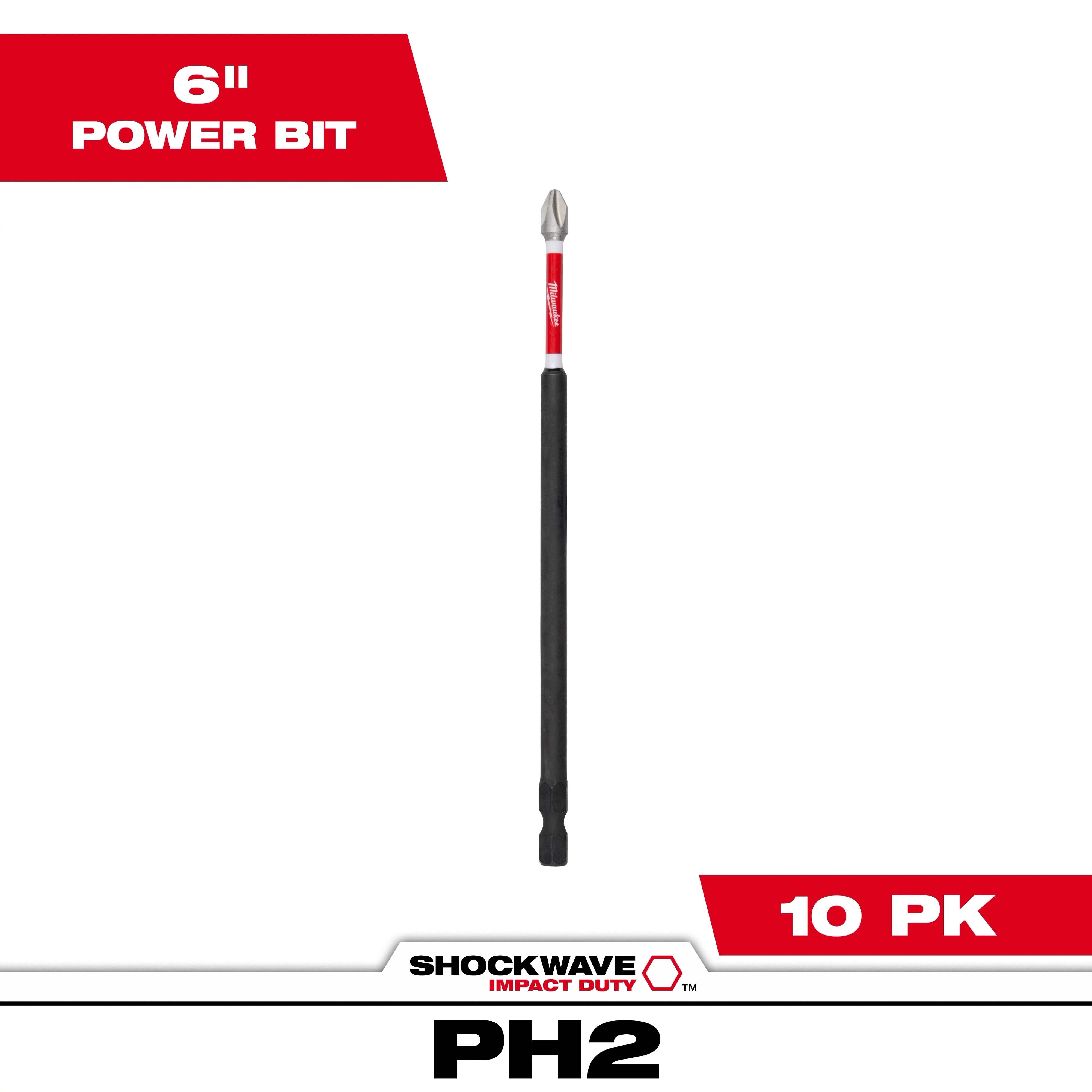The image shows a SHOCKWAVE™ 6" Impact Duty Phillips #2 Power Bit, available in a pack of 10. The bit has a black shaft with a red label near the tip and is designed for heavy-duty impact applications.