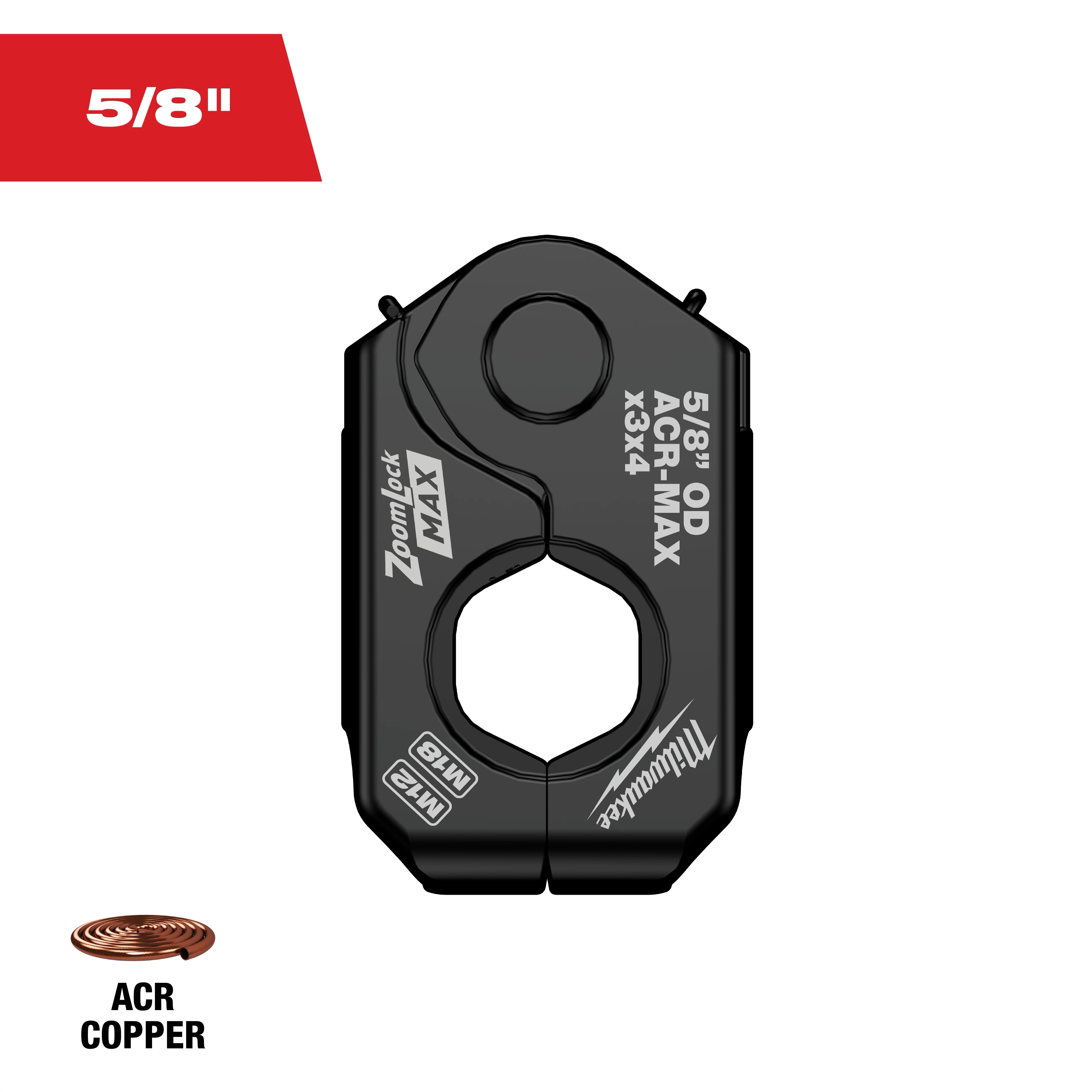 The image features the 5/8" ZoomLock MAX® MaxiPro® Pivoting Press Ring, designed for ACR copper tubing. The ring is black, with product specifications and branding printed in white. A red label indicating "5/8"" and a small coil of copper tubing labeled "ACR COPPER" are also shown.