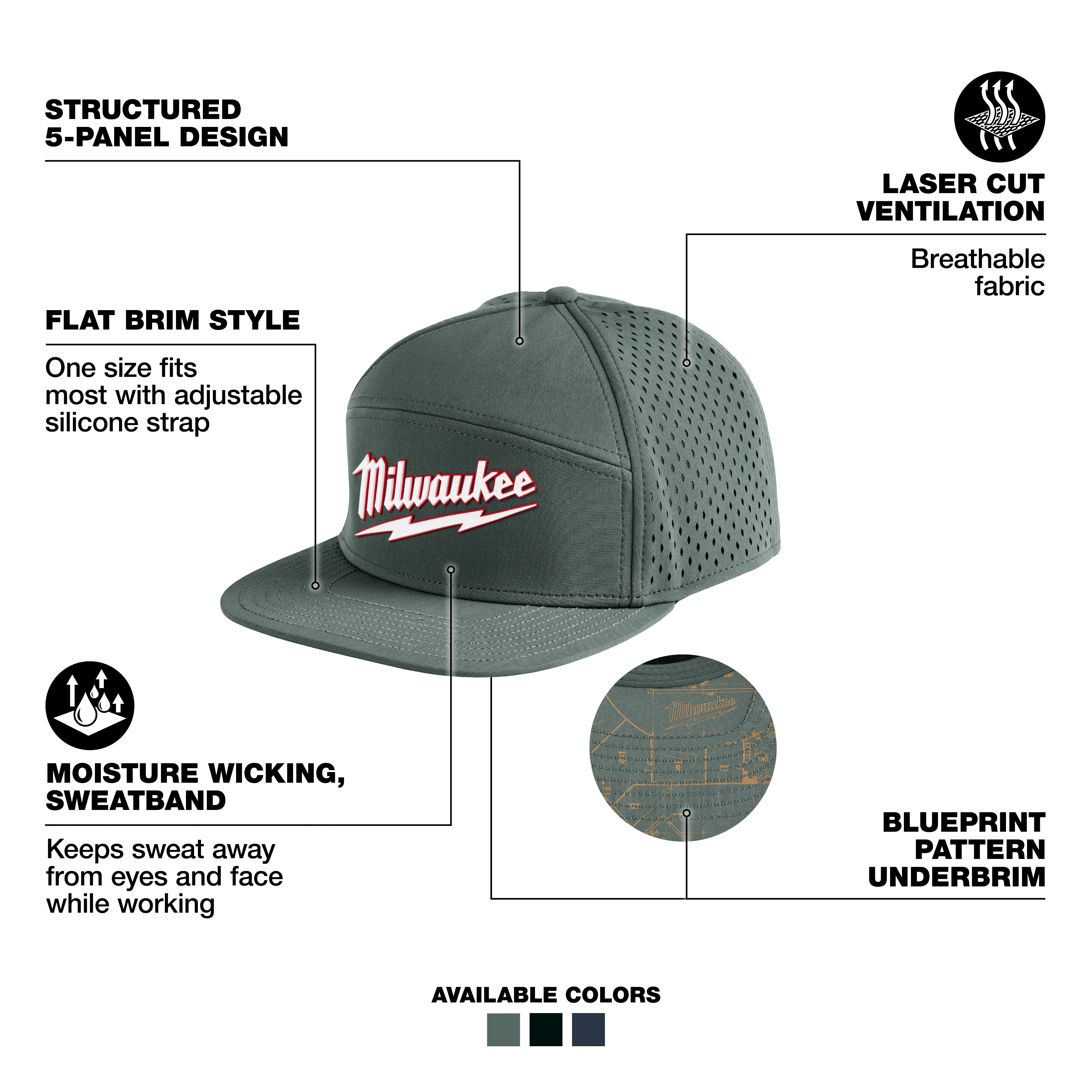 Flat Brim Snapback cap with structured 5-panel design, laser-cut ventilation, moisture-wicking sweatband, and blueprint pattern underbrim.