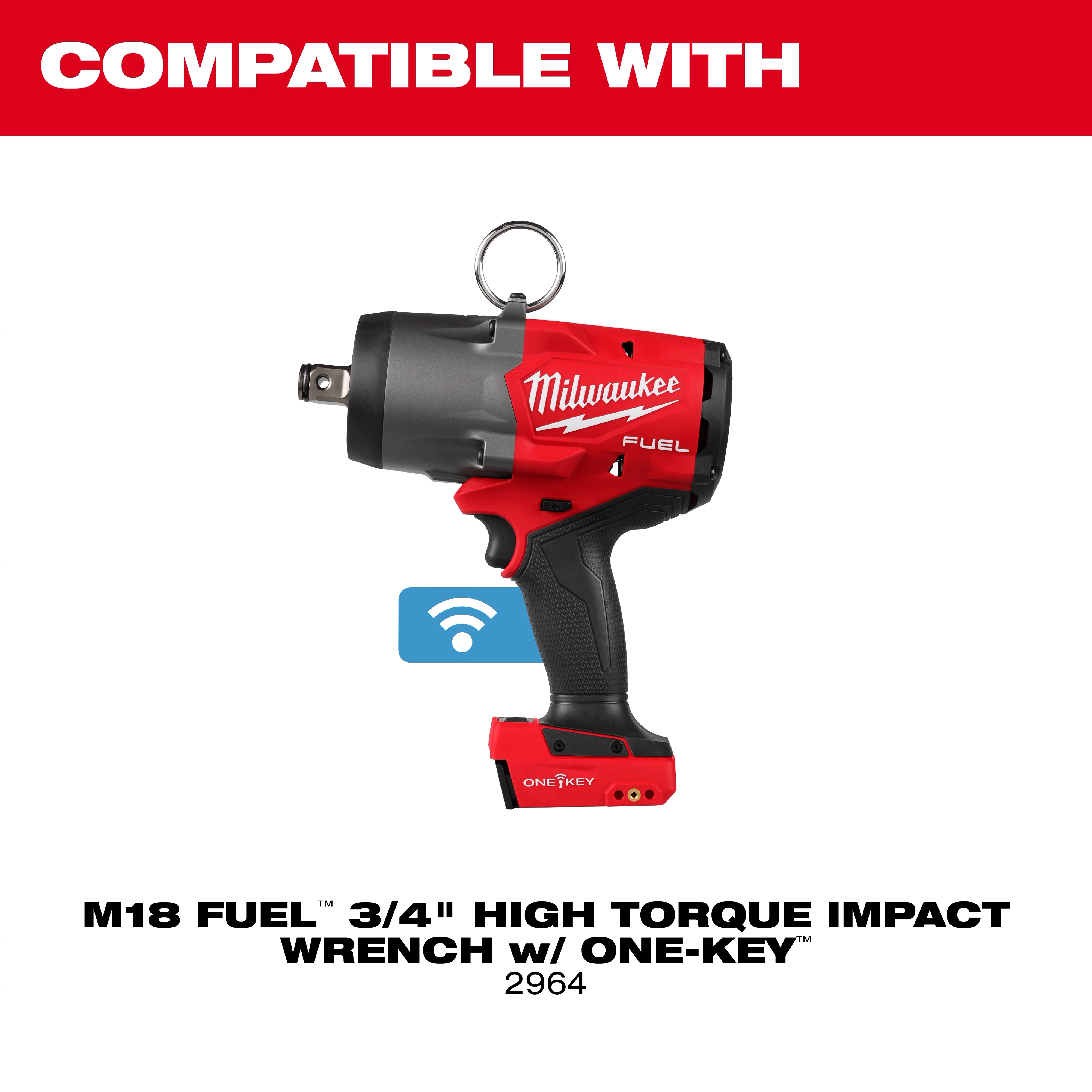 Red and black M18 FUEL 3/4" High Torque Impact Wrench w/ ONE-KEY Protective Boot centered on white background.