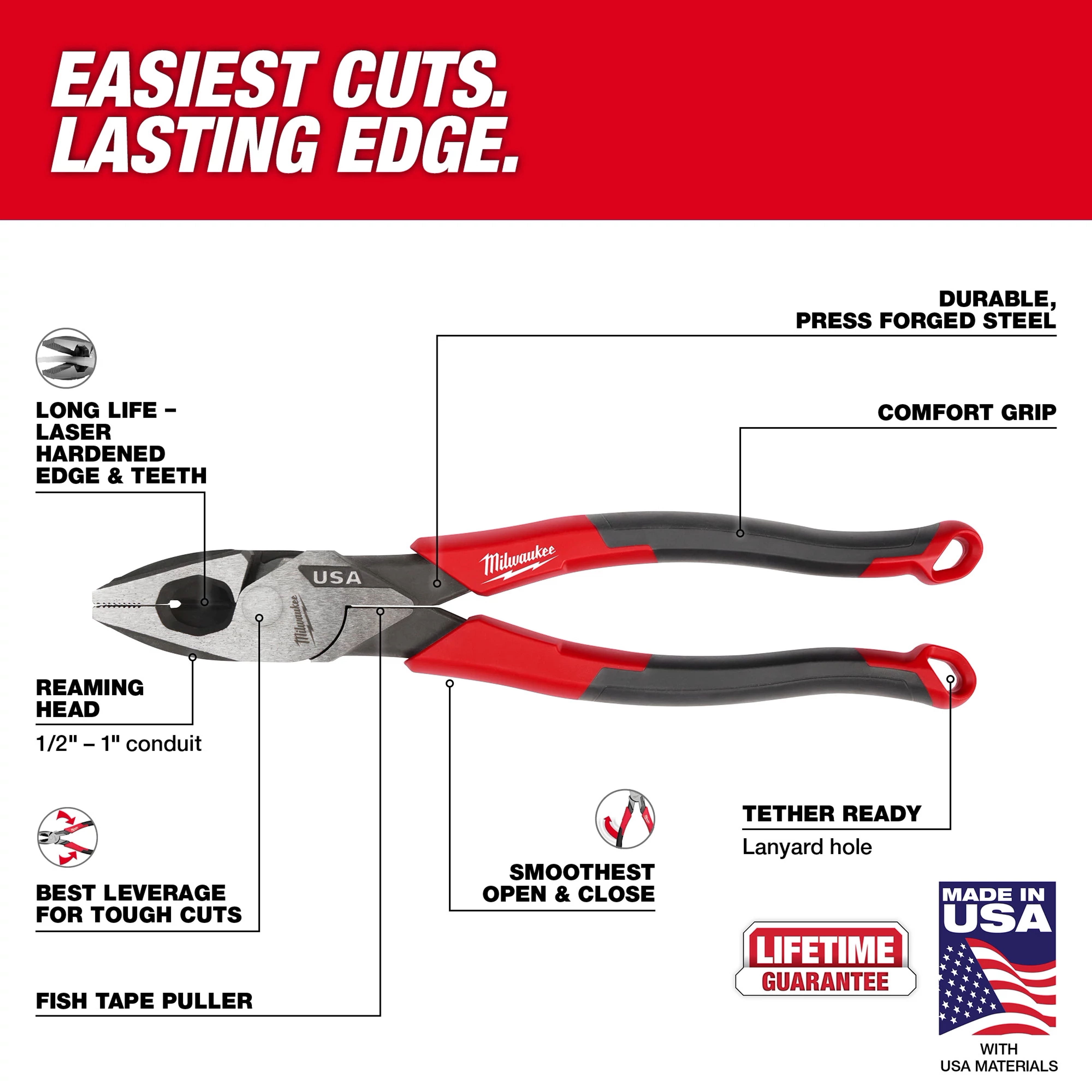 9" Lineman's Comfort Grip Pliers (USA) with durable forged steel, reaming head for conduit, comfort grip handles, and lifetime guarantee.